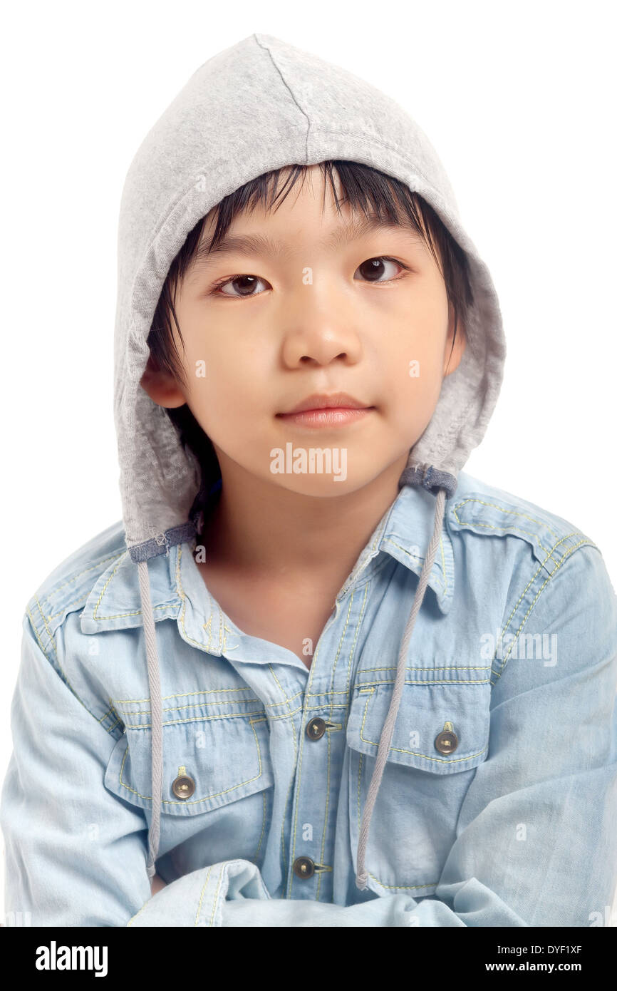 Portrait of asian boy with hood isolated on white background Stock Photo