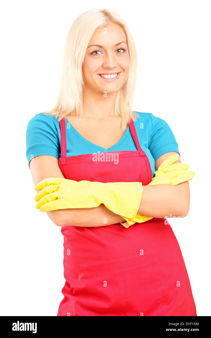 Cleaning lady posing isolated on white background Stock Photo Alamy