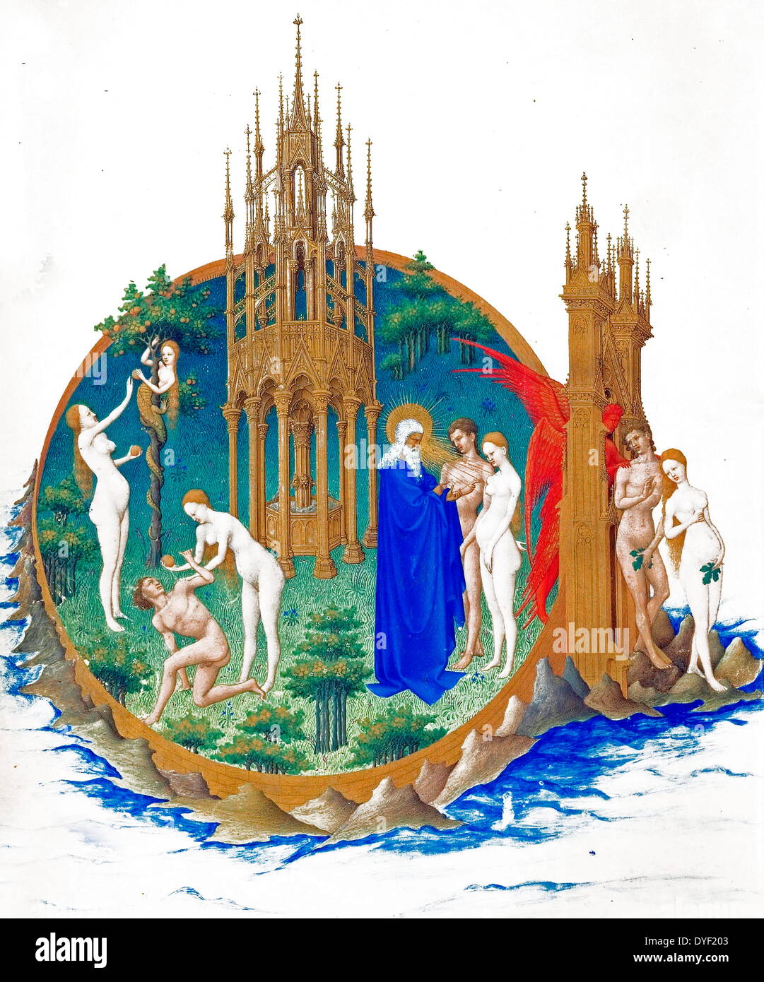 Page from the calendar of the Très Riches Heures showing 'The Garden of Eden'. The Très Riches Heures is a French Gothic manuscript illumination with beautiful illustrations of prayers and canonical scenes from the Bible. Created by the Limbourg brothers between 1412-1416. Tempera on vellum. Stock Photo
