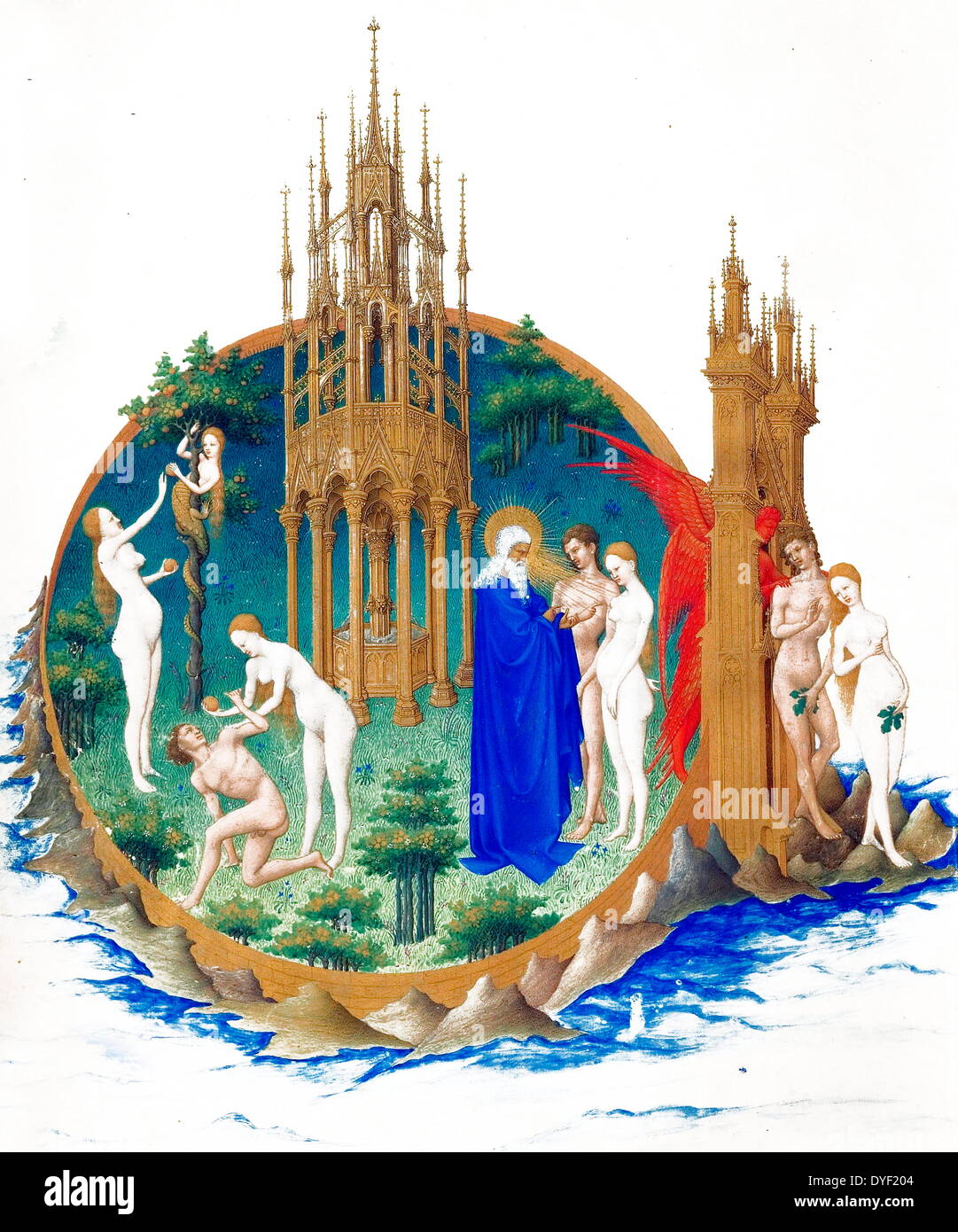 Page from the calendar of the Très Riches Heures showing 'The Garden of Eden'. The Très Riches Heures is a French Gothic manuscript illumination with beautiful illustrations of prayers and canonical scenes from the Bible. Created by the Limbourg brothers between 1412-1416. Tempera on vellum. Stock Photo