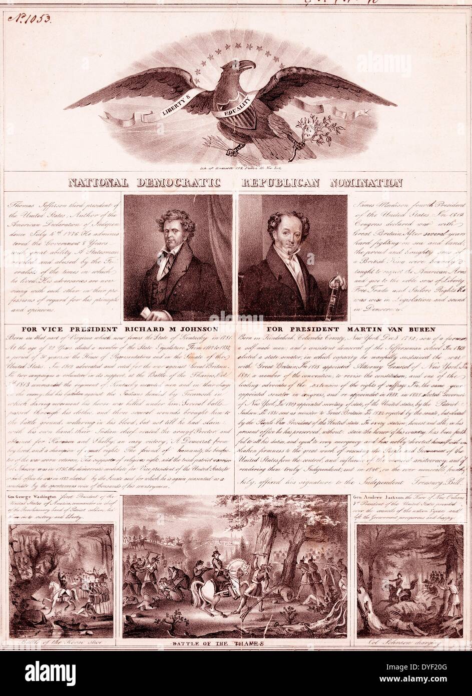 Political Poster from 1840 for the National Democrat Republican Convention. Featuring mid length portraits of Martin Van Buren and Richard M Johnson. Advocating them in their campaign to become President and Vice President. At the top of the poster is an Eagle with a scroll marked 'Liberty & Equality'. Below, illustrations of battle scenes. Stock Photo