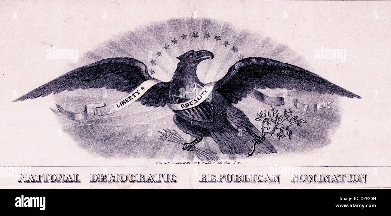 Illustration of an Eagle from a political Poster from 1840 for the National Democrat Republican Convention. The Eagle clutches arrows in one claw and a tree branch in the other. Around it is a scroll marked 'Liberty & Equality'. Stock Photo