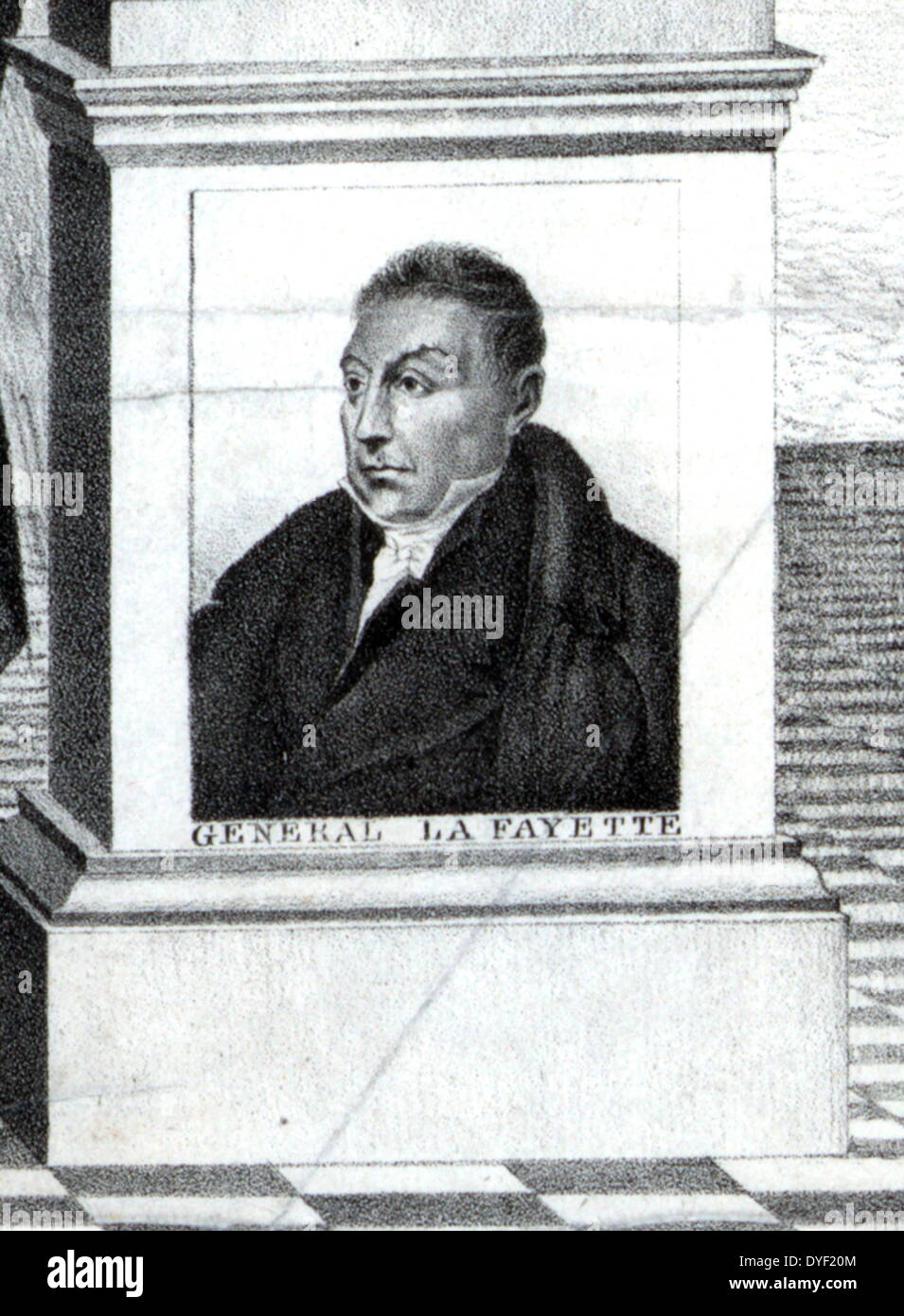 Caricature portrait of General La Fayette contained within a political illustration from the 1800's called 'Independence declared 1776 - The union must be preserved'. Detail on the base of a column in the illustration. Companion piece to a portrait of General Warren (contained within the same overall illustration.) Stock Photo