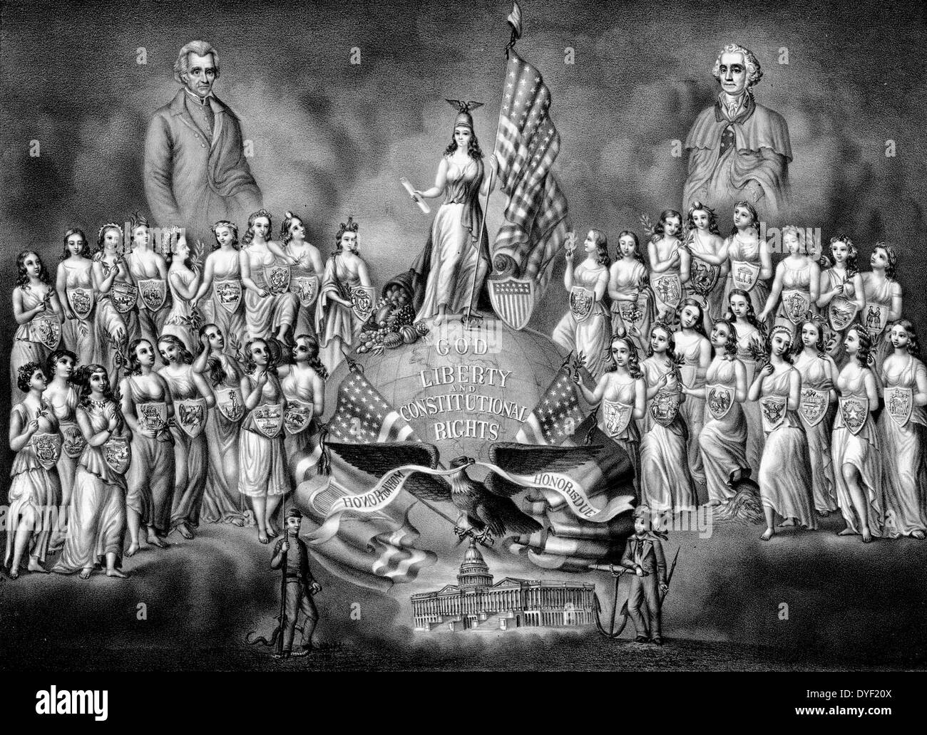 The Reunion of the Home of the Brave and the Free an illustration showing portraits of President George Washington and President Andrew Jackson looking over the ideals of liberty personified as women. Lady Liberty stands atop the globe holding a scroll and a flowing US flag. Next to her lies a cornucopia spilling out fruits of all types. Circa 1800's. Stock Photo