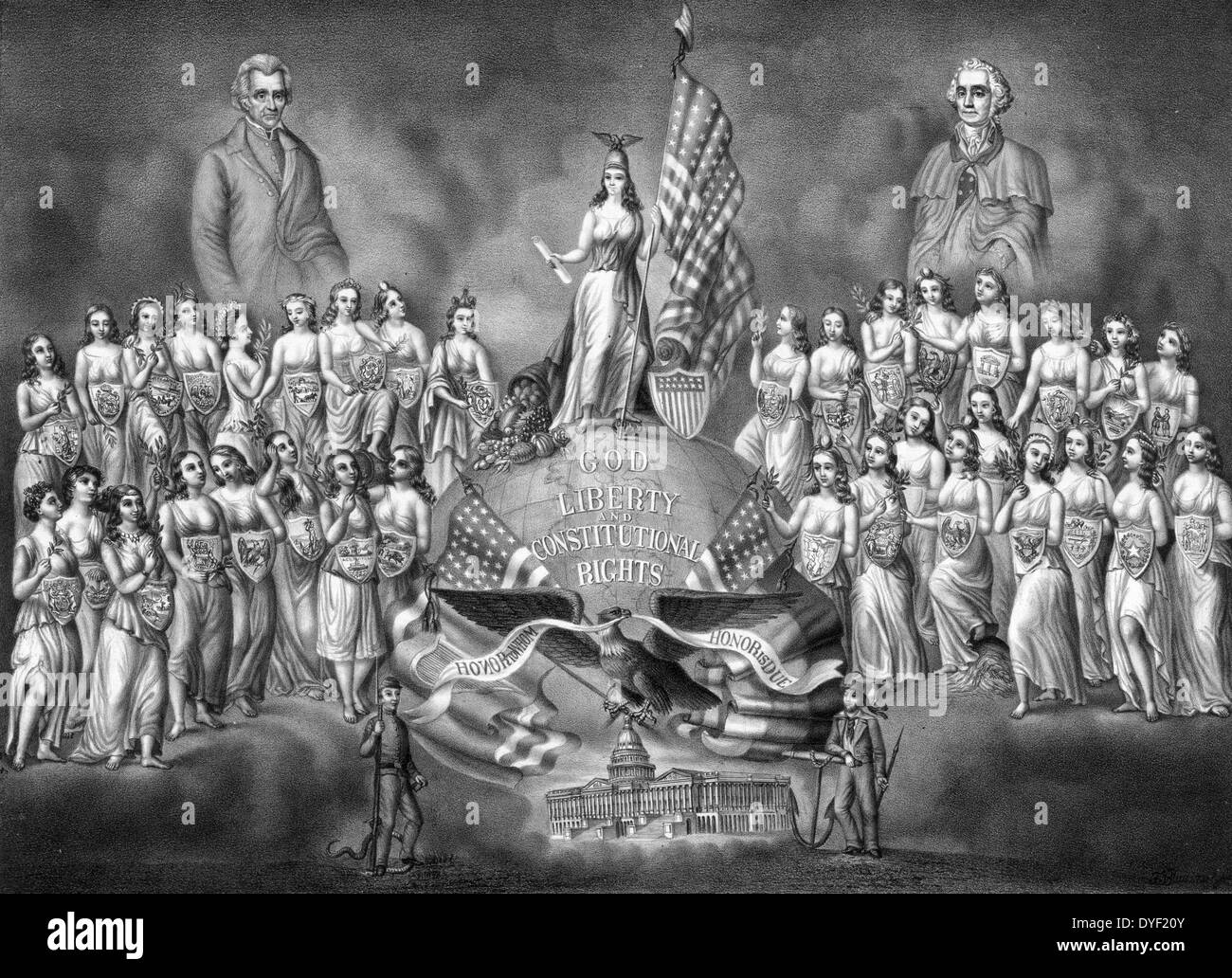 The Reunion of the Home of the Brave and the Free an illustration showing portraits of President George Washington and President Andrew Jackson looking over the ideals of liberty personified as women. Lady Liberty stands atop the globe holding a scroll and a flowing US flag. Next to her lies a cornucopia spilling out fruits of all types. Circa 1800's. Stock Photo