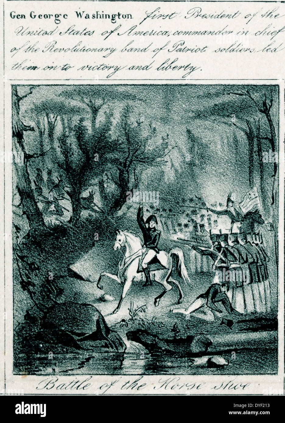 Illustration showing General George Washington on horseback leading the charge at the battle of Horse Shoe. Around him are other soldiers, injured and uninjured. Circa 1800's. Stock Photo