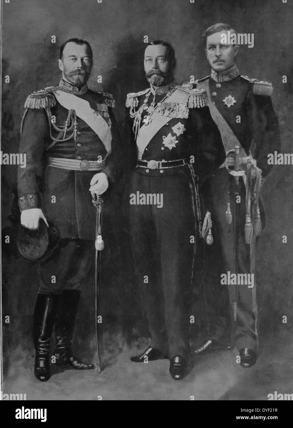a composite photo of three allied monarchs at the outset of world war one: left to right; Nicholas II of Russia, George V of great Britain, Albert I of Belgium. 1914 Stock Photo