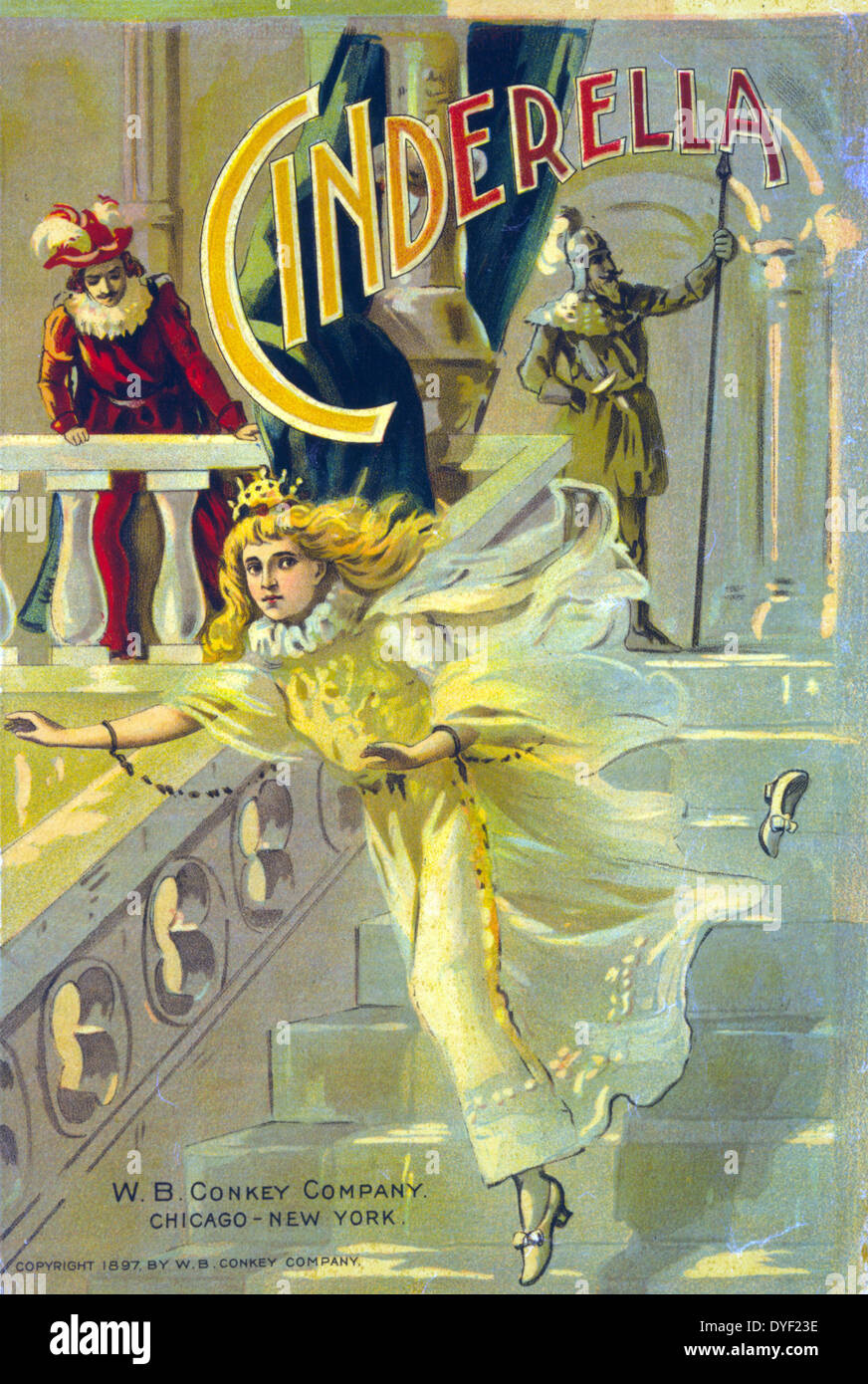 Cinderella Published: c1897. Illustration for cover of children's book, 'Cinderella,' showing Cinderella running down steps, dropping her slipper. Stock Photo