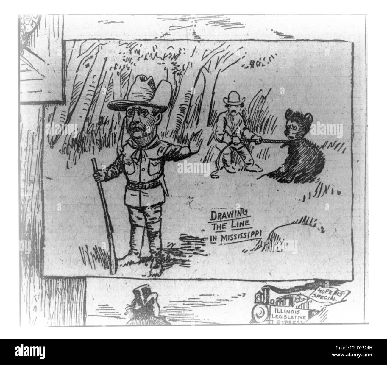 Drawing the line in Mississippi by Clifford Kennedy Berryman, 1869-1949, artist Published 1902. Photograph reproduces a newspaper cartoon in the Washington Post. The cartoon is a detail from a series called 'The Passing Show' about President Theodore Roosevelt's purported refusal to shoot a chained bear while on a hunting trip in Mississippi. The little bear, Bruin, became so popular that Berryman used him frequently in later cartoons on many different topics. Although Berryman helped popularize the association of Teddy Roosevelt with bears, he did not invent the toy teddy bear. Stock Photo