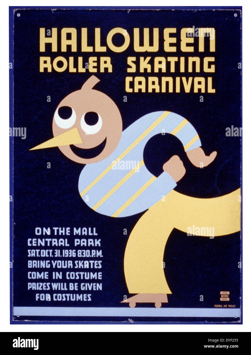 Halloween roller skating carnival On the mall, Central Park New York. Bring your skates: Come in costume: Prizes will be given for costumes. Federal Art Project poster 1936. Poster announcing roller skating carnival in Central Park, New York City, showing Stock Photo