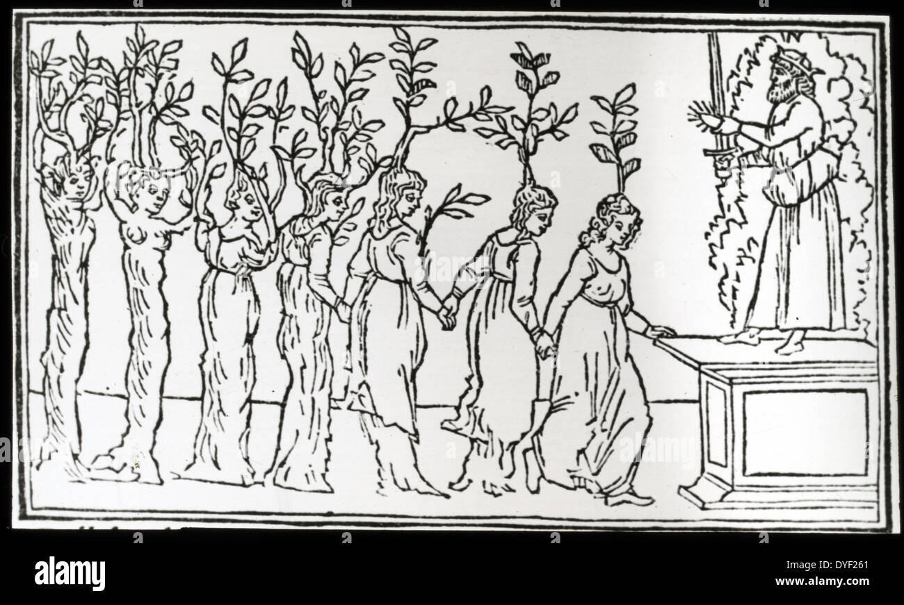 Reproduction of print showing Nymphs before Jupiter by Lecturer Francis Benjamin Johnston, 1864-1952. Photograph of a woodblock from Francesco Colonna, Hypnerotomachia Poliphili, Venice, 1499. Dated between 1915 and 1925 Stock Photo