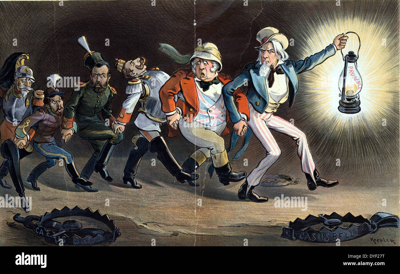 In the Chinese labyrinth by Udo Keppler, 1872-1956, artist. 1901. Illustration shows Uncle Sam holding a lantern labelled 'Prudence' in one hand and onto John Bull with the other, leading Austria, Japan, France, and Germany through a field of traps labelled 'Casus Belli' in China during the Boxer Rebellion. Stock Photo
