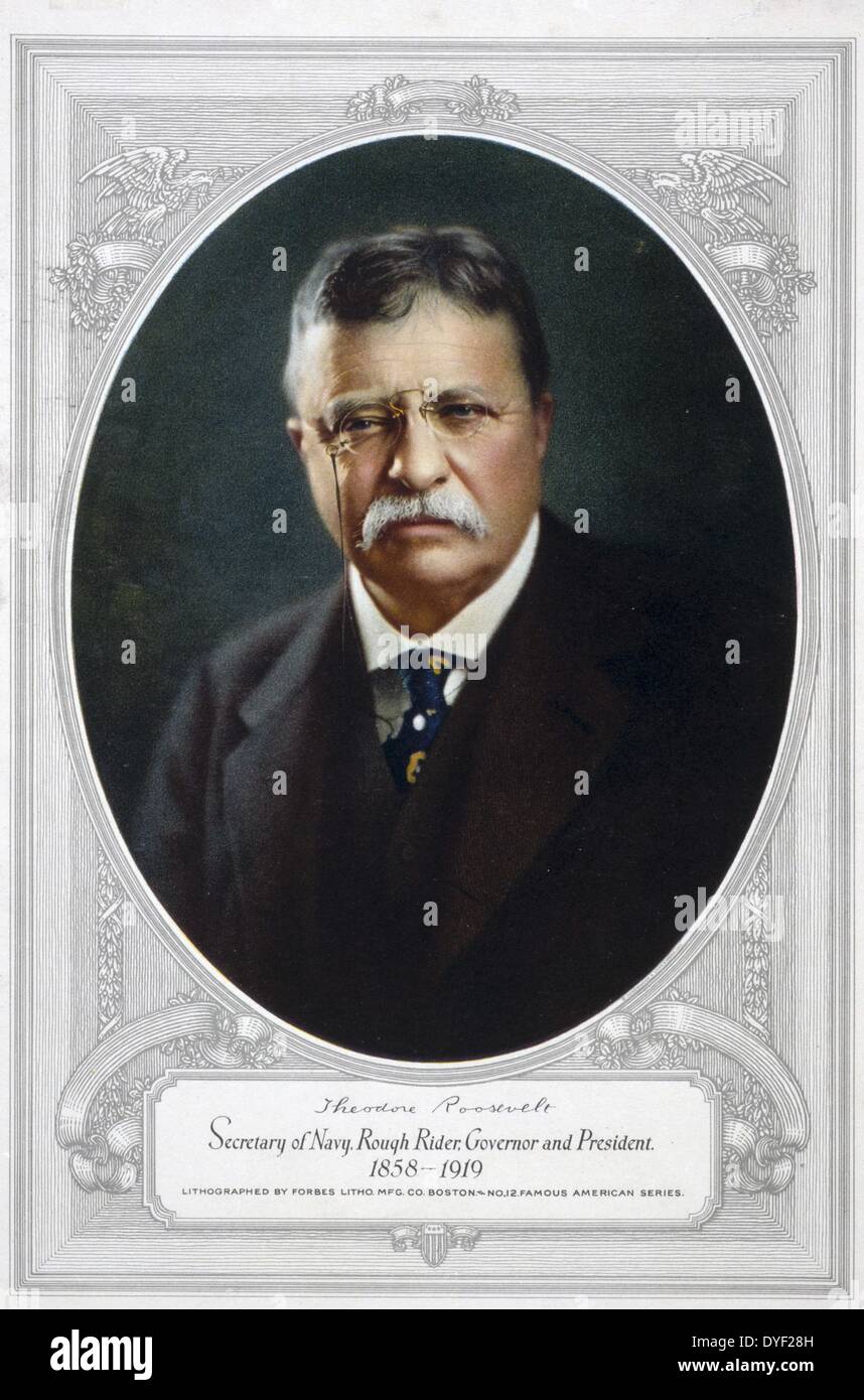 Theodore Roosevelt, Secretary of Navy, Rough Rider, governor and president lithographed by Forbes Litho. Mfg. Co., Boston. Print showing Theodore Roosevelt, head-and-shoulders, facing front, in oval. Dated between 1920 and 1940 Stock Photo