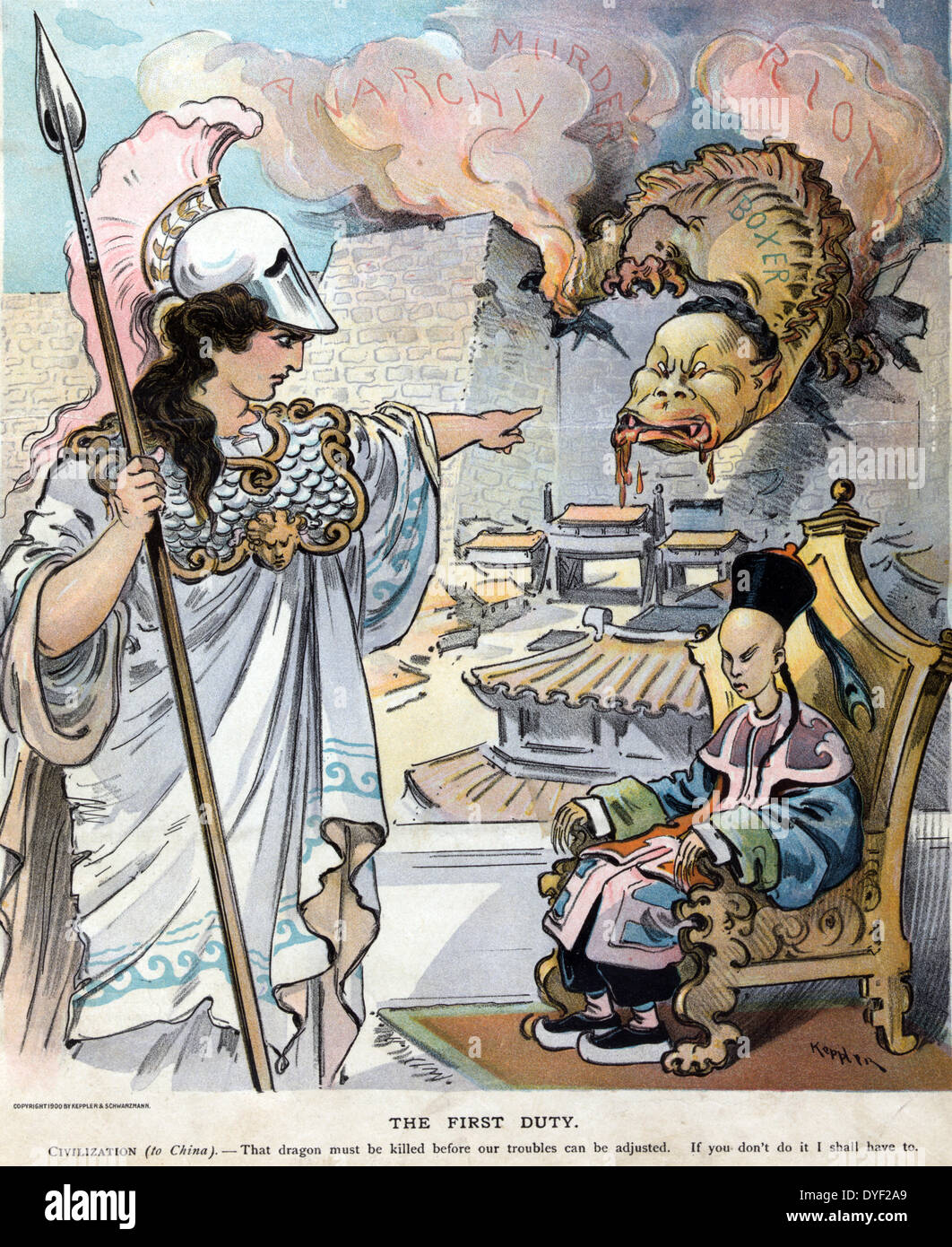 The First Duty by artist Udo J. Keppler 1872-1956. Illustration shows a female figure as 'Civilization' wearing a breastplate and helmet, and holding a spear, standing before a benign Chinese emperor, while in the background, a dragon labelled 'Boxer' with billowing clouds of smoke labelled 'Anarchy,' 'Murder,' and 'Riot' is coming over the city wall into the international Legation Quarter. Dated 1900 Stock Photo