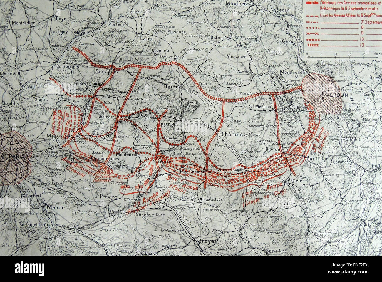 Map showing the progressive positions the French and British forces at the First Battle of the Marne was conducted between 6-12 September 1914. The outcome bringing to an end the war of movement that had dominated the First World War since the beginning of August. Instead, with the German advance brought to a halt, stalemate and trench warfare ensued. Stock Photo