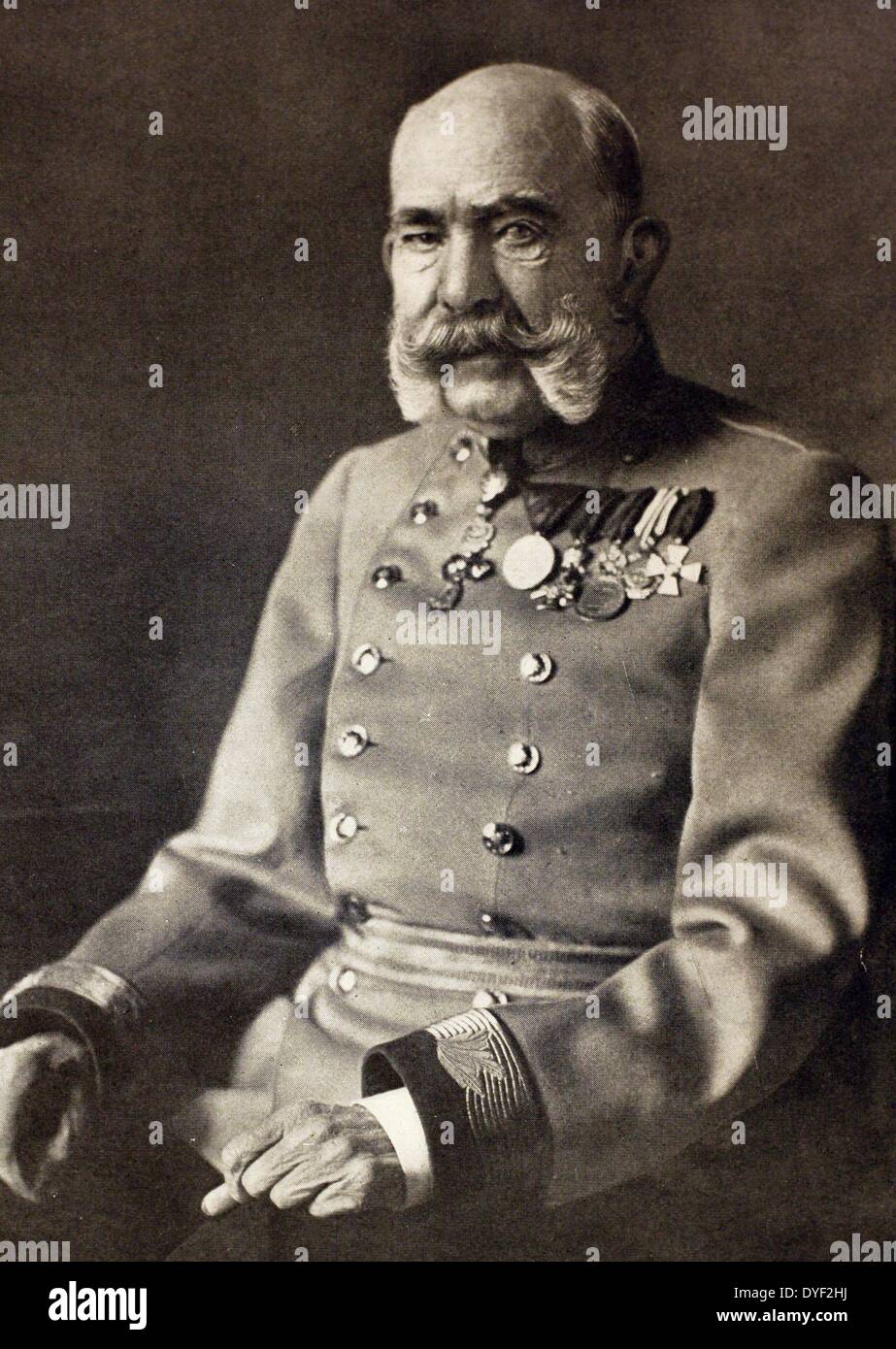 A portrait photograph of Franz Joseph I of Austria. Lived between August 1830 – 21 November 1916. Emperor of Austria, Apostolic King of Hungary, King of Galicia, King of Bohemia, King of Croatia and Lodomeria and Grand Duke of Cracow from 1848 until his death in 1916. He was also President of the German Confederation from 1 May 1850 until 24 August 1866. Stock Photo