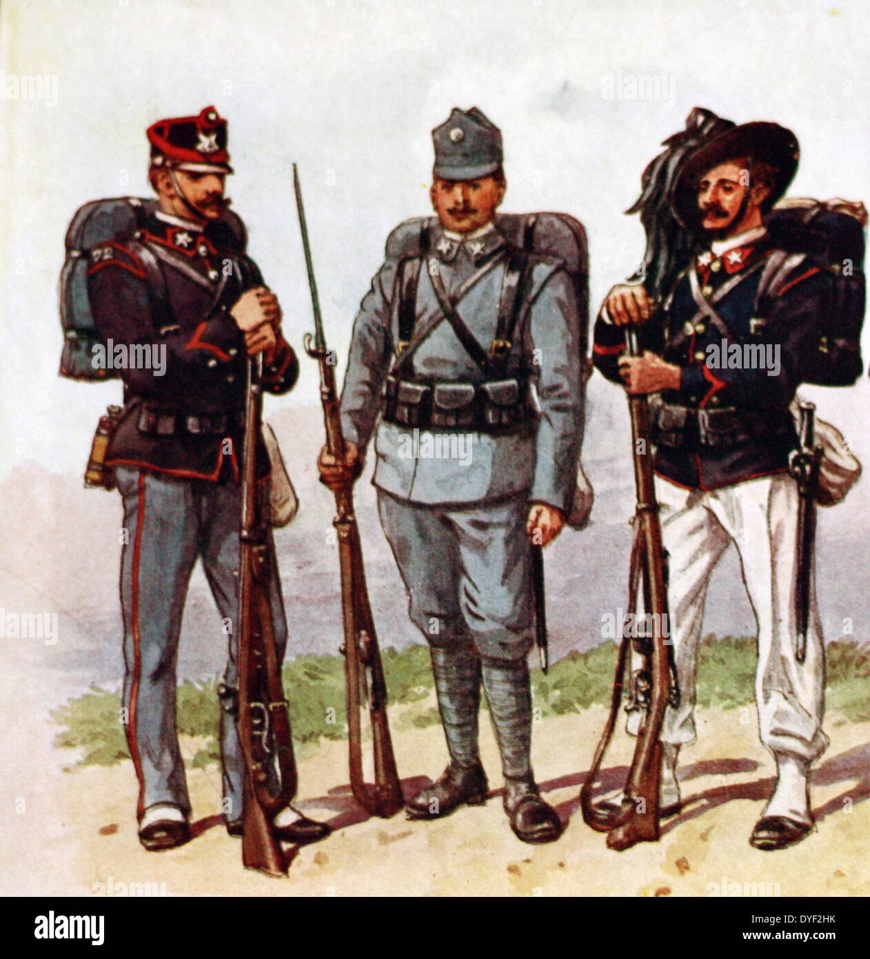 Illustrated image showing the different types of Italian Army. Durinig the era of the Great European War. 5 different uniforms showing the real range of types. Illustrated by popular and prolific artist Richard Simkin (1850–1926) in the first part of the 20th century. Stock Photo