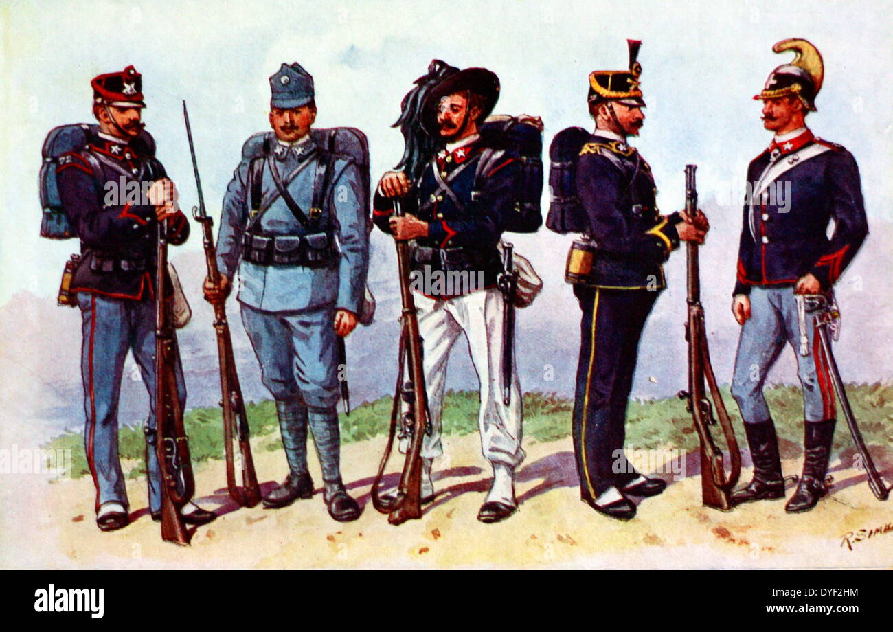 Illustrated image showing the different types of Italian Army. Durinig the era of the Great European War. 5 different uniforms showing the real range of types. Illustrated by popular and prolific artist Richard Simkin (1850–1926) in the first part of the 20th century. Stock Photo