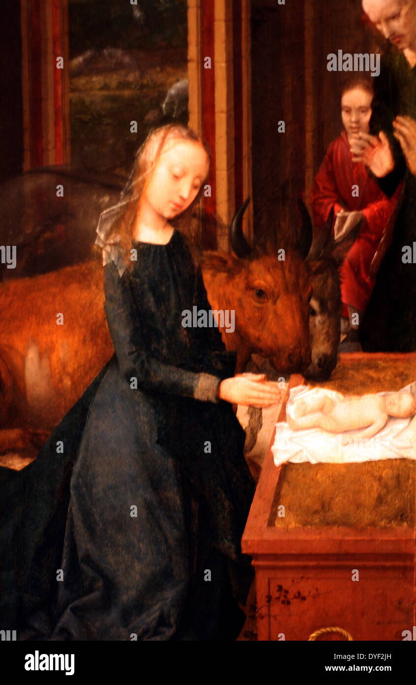 Detail from the 'Adoration of the Magi triptych' by Adriaen Isenbrandt. Circa 1510-1512. Oil on Panel. Depicting the Nativity, the adoration of the Magi, and the presentation in the temple. Stock Photo