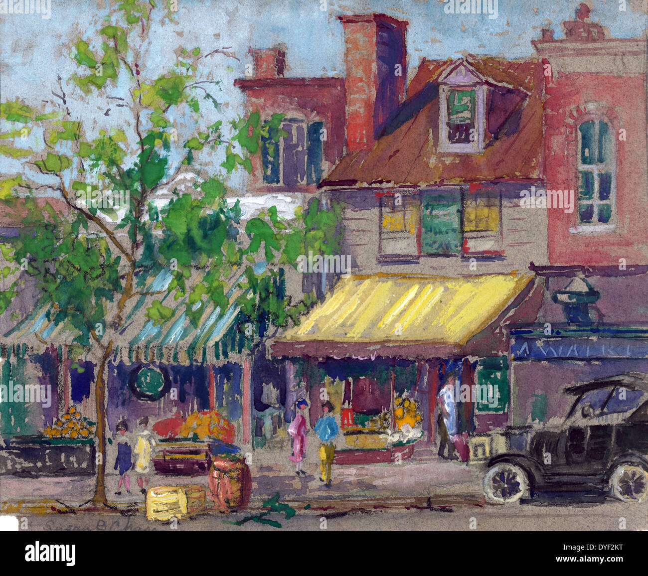 Pa. Ave bet. 22 & 23 Washington DC by artist Susan Brown Chase 1868-1948. Landscape drawing shows storefronts on Pennsylvania Avenue in Washington, DC between 22nd and 23rd streets. A shopkeeper stands in the doorway of one of the buildings. Women are on the sidewalk. A car is parked at the curb. Dated between 1920 and 1930 Stock Photo