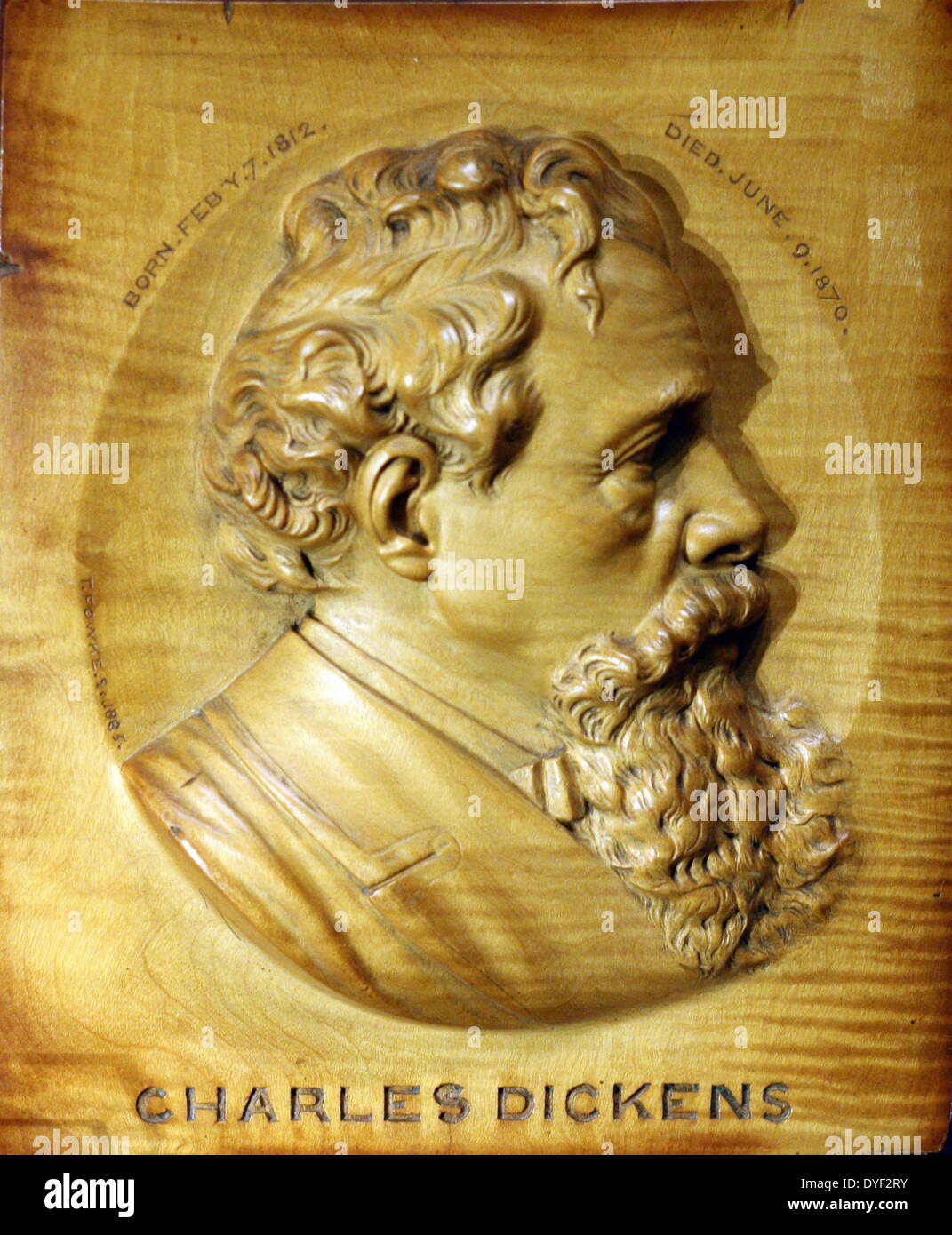 Portrait plaque of the writer Charles Dickens in relief, circa 1885. In Birmingham's historic town hall. Stock Photo