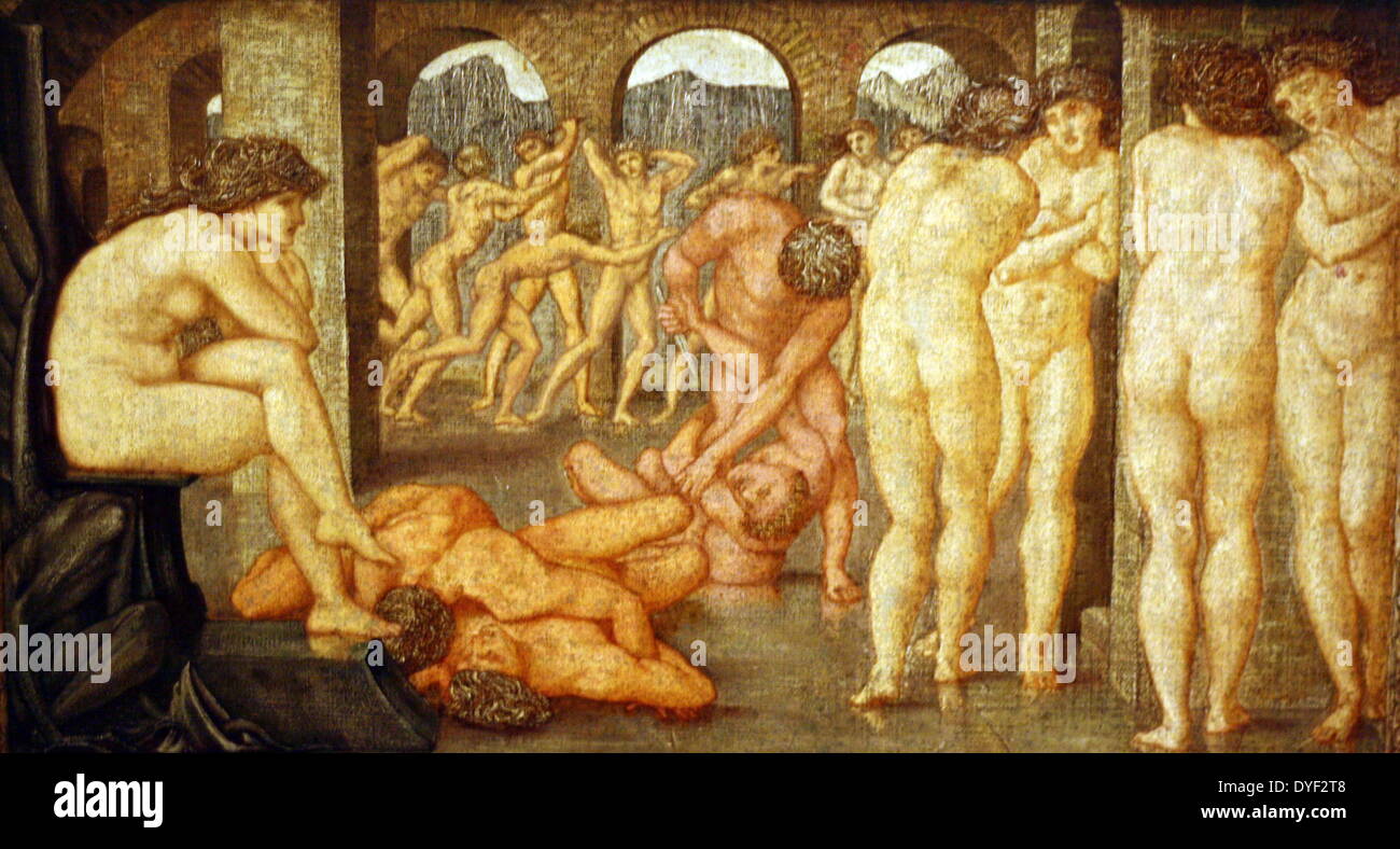 The Pilgrim and Dancers in the Garden of Idleness circa 1874. By Edward Burne-Jones. A study for 'The Roman de la Rose' painted with Watercolour and Bodycolour. Shows groupings of budes, some wrestling and fighting. Stock Photo
