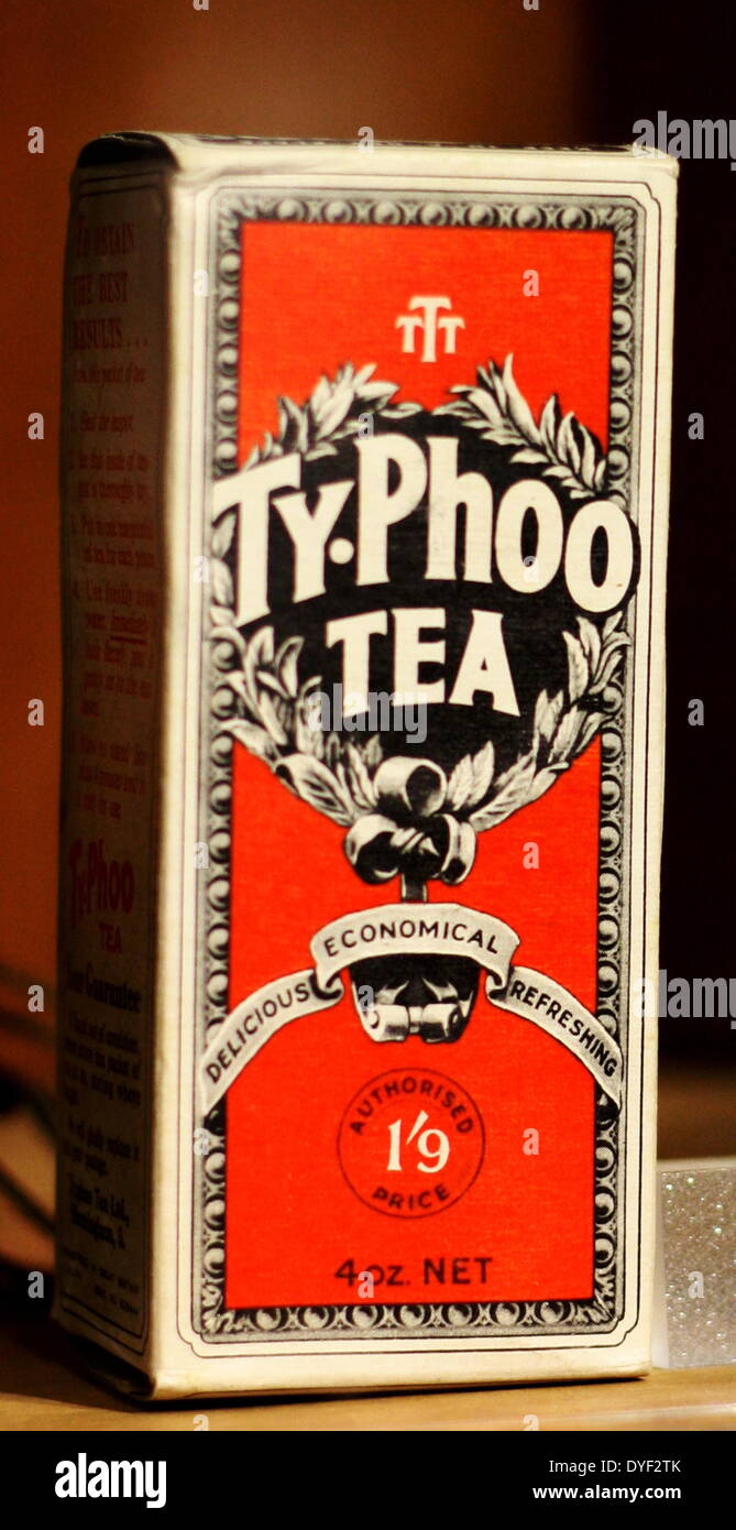 Vintage box of Typhoo tea. A brand of tea from the United Kingdom that launched in 1903 by John Sumner Jr. of Birmingham, England. Stock Photo