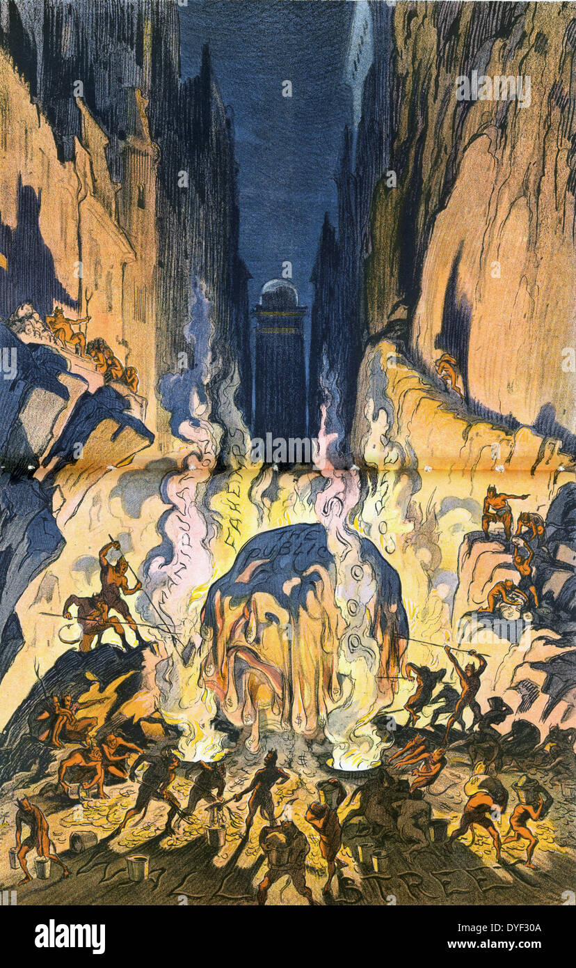 A snowball in hell - what chance has it got? by Udo Keppler, 1872-1956, artist. Published 1913. Illustration shows Hell labelled 'Wall Street', where a huge snowball shaped like a human head, labelled 'The Public', dripping money, melts amid flames and steam labelled 'Manipulation, Fake Tips, Pool, [and] Corner'. Many devils prod the snowball with long forks and gather the money in buckets. Stock Photo
