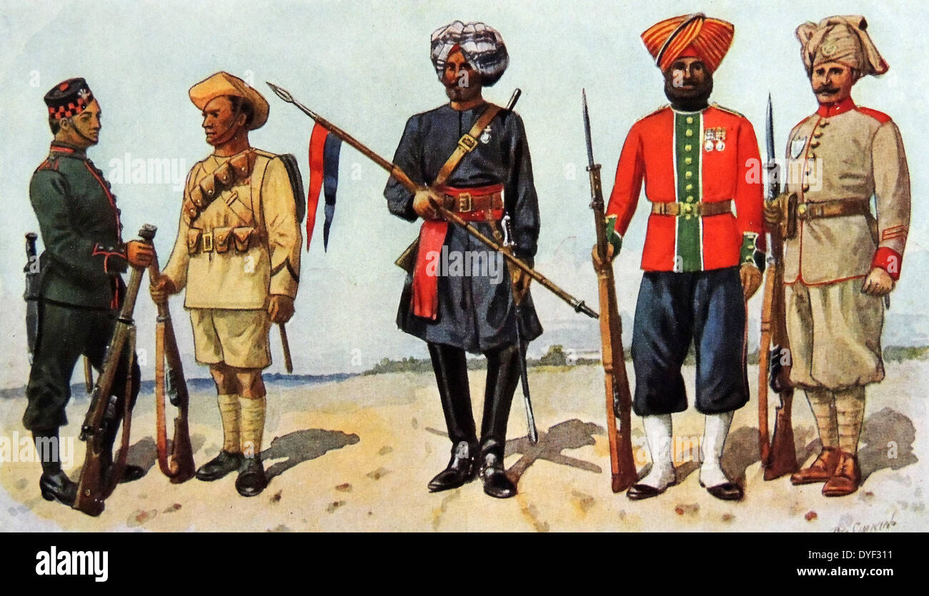 Indian army uniforms including Left: Ghurkhas; centre: Bengal Lancer, Right: Sepoys. The British Indian Army was deployed by Great Britain to support its' efforts in Europe during World war One. 1915 Stock Photo
