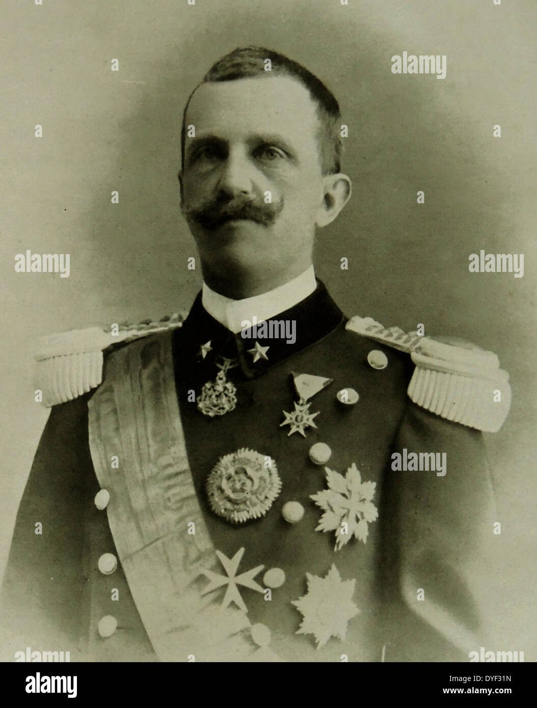 Victor Emmanuel III of Italy, 1869 – 1947. member of the House of Savoy and King of Italy (29 July 1900 – 9 May 1946). In addition, he claimed the thrones of Ethiopia and Albania as Emperor of Ethiopia (1936–41) and King of the Albanians (1939–43), which were unrecognised by the Great Powers. During his long reign (46 years), which began after the assassination of his father Umberto I, the Kingdom of Italy became involved in two World Wars. His reign also encompassed the birth, rise, and fall of Italian Fascism. 1905 Stock Photo