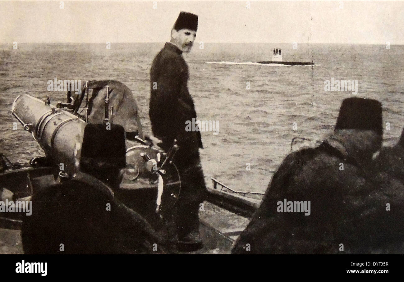 Turkish Naval ship and submarine in the Dardanelles, world war one, 1915 Stock Photo