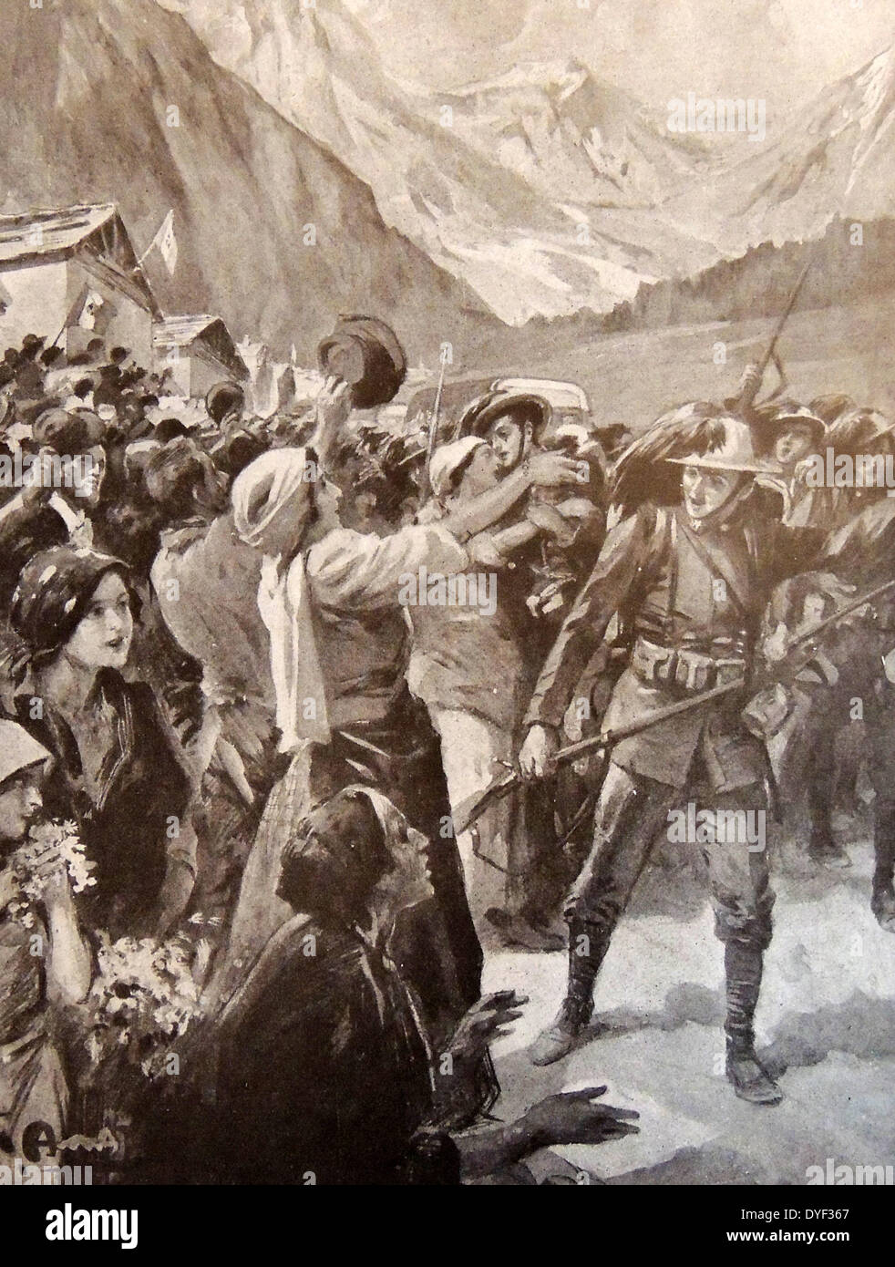 Italian troops are greeted by the people of Cormons as they liberate the Slovenian town from Austrian control, during World war one. 1915 Stock Photo