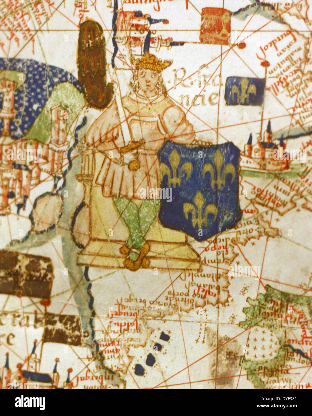 Detail from an illustrated navigational map of Europe, from 1528. Made by Jacopo Russo. In Messina, Sicily. Stock Photo