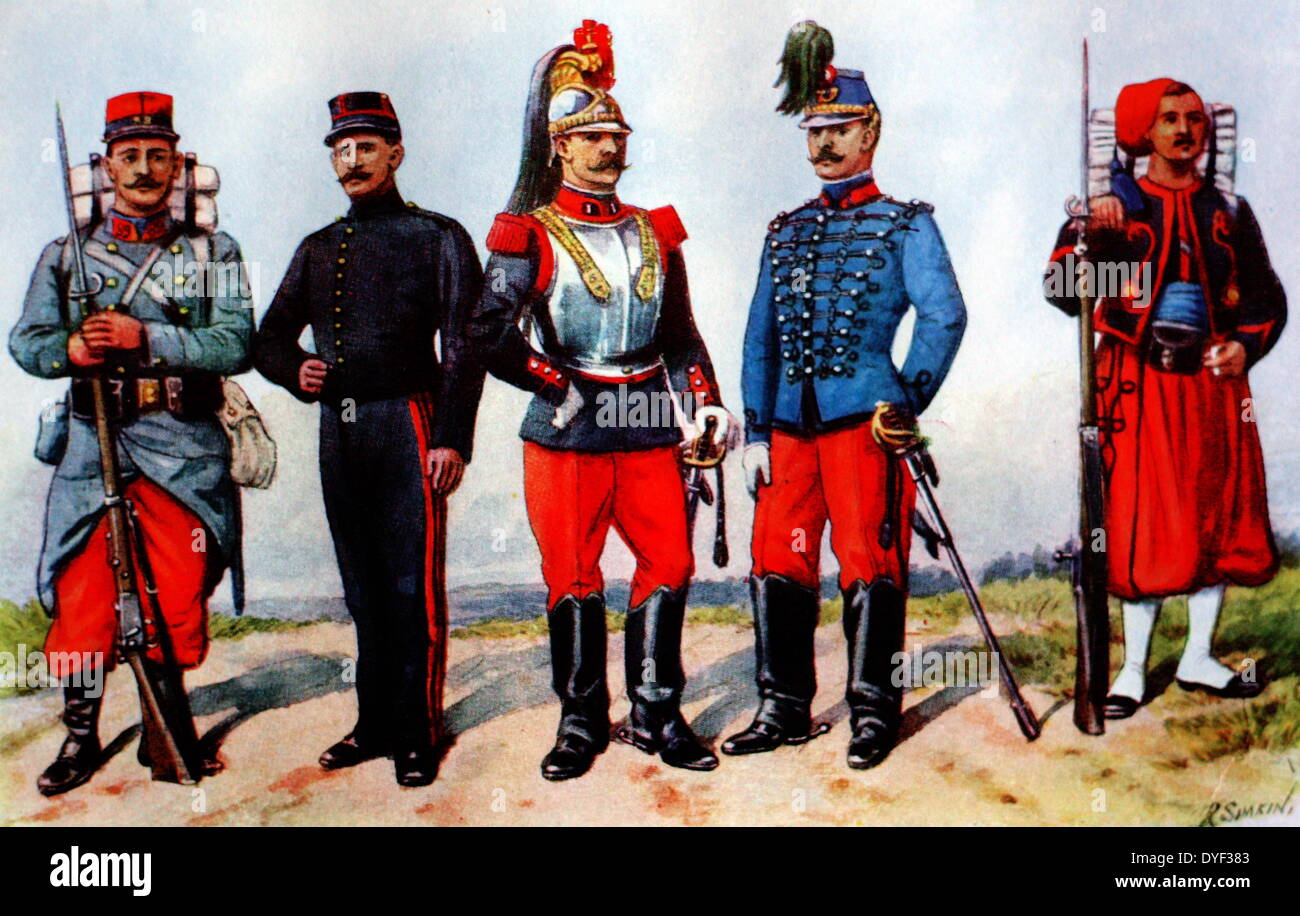 Illustrations of military uniforms For the British and Commonwealth armies. Shown side by side in groupings of 5. This series encompasses all of the types at the time. Illustrated by popular and prolific artist Richard Simkin (1850–1926) in the first part of the 20th century. Stock Photo