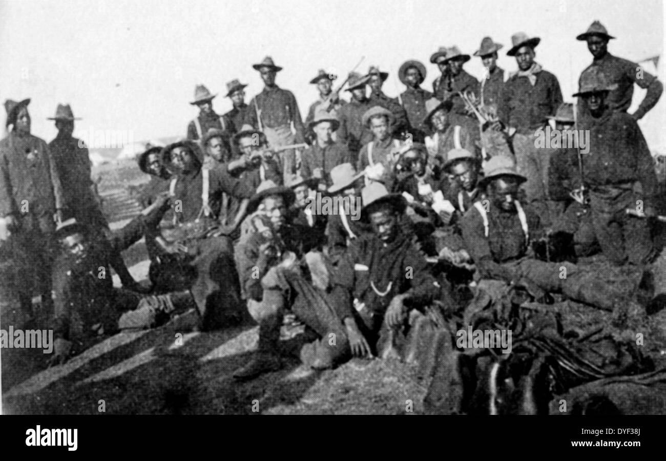 Photo of Buffalo Soldiers 1898. This photo shows the segregated company of US Soldiers at Camp Wikoff during the Spanish-American War. Unknown Stock Photo