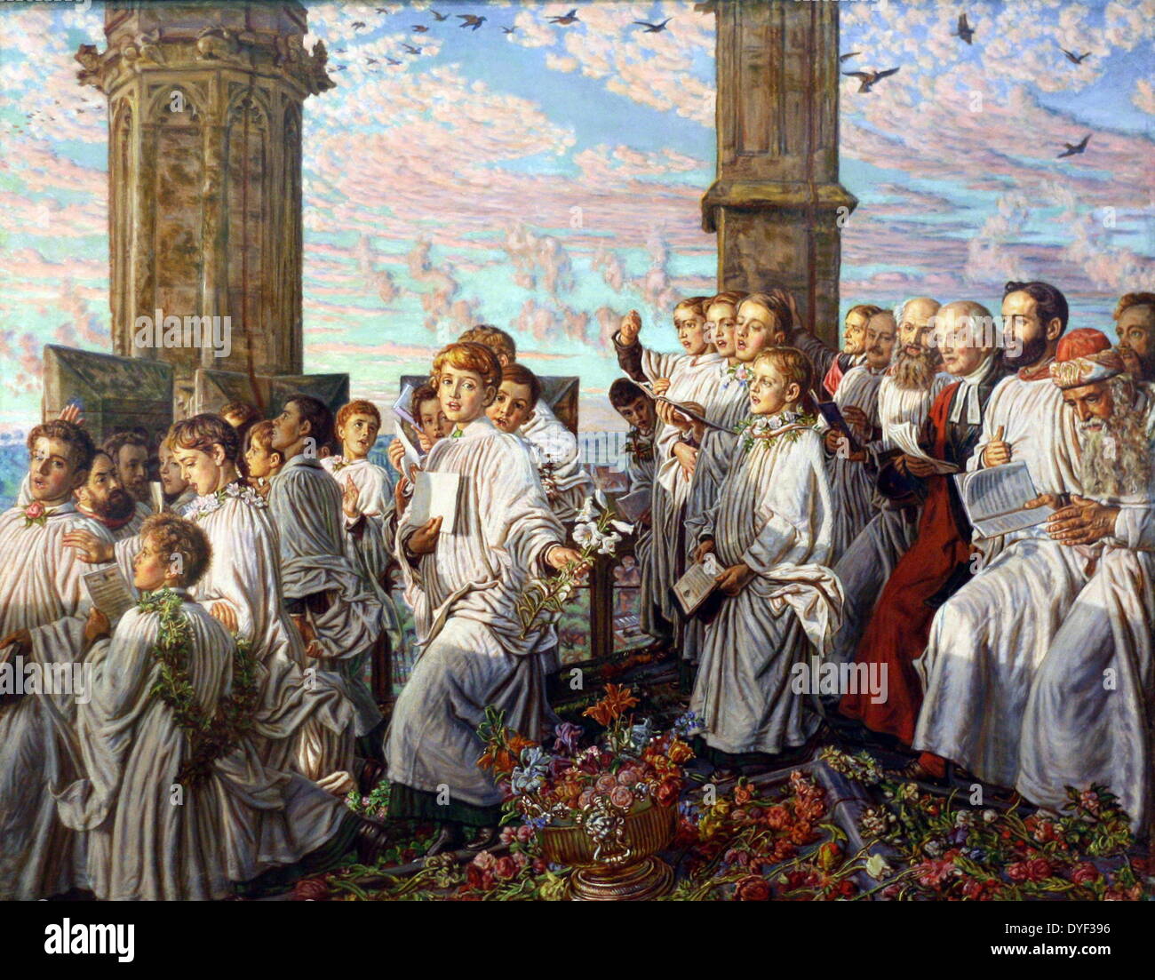 May Morning on Magdalen Tower by William Holman Hunt. Oil on canvas circa 1888-1893. Showing the priests, altar boys and choir greeting the rising sun on May Day on the Tower of Magdalen Tower. Stock Photo