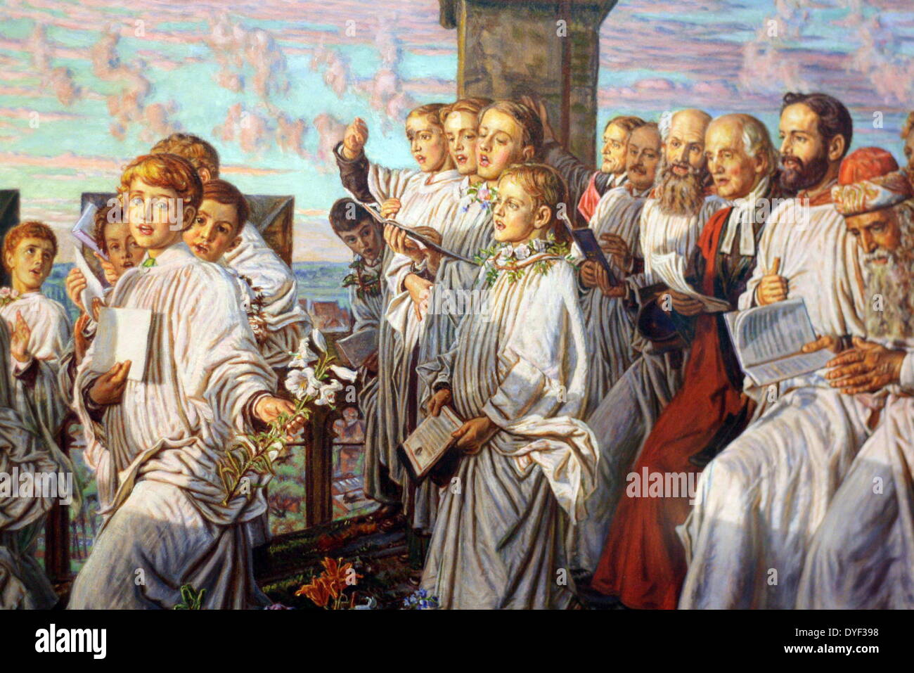 May Morning on Magdalen Tower by William Holman Hunt. Oil on canvas circa 1888-1893. Showing the priests, altar boys and choir greeting the rising sun on May Day on the Tower of Magdalen Tower. Stock Photo