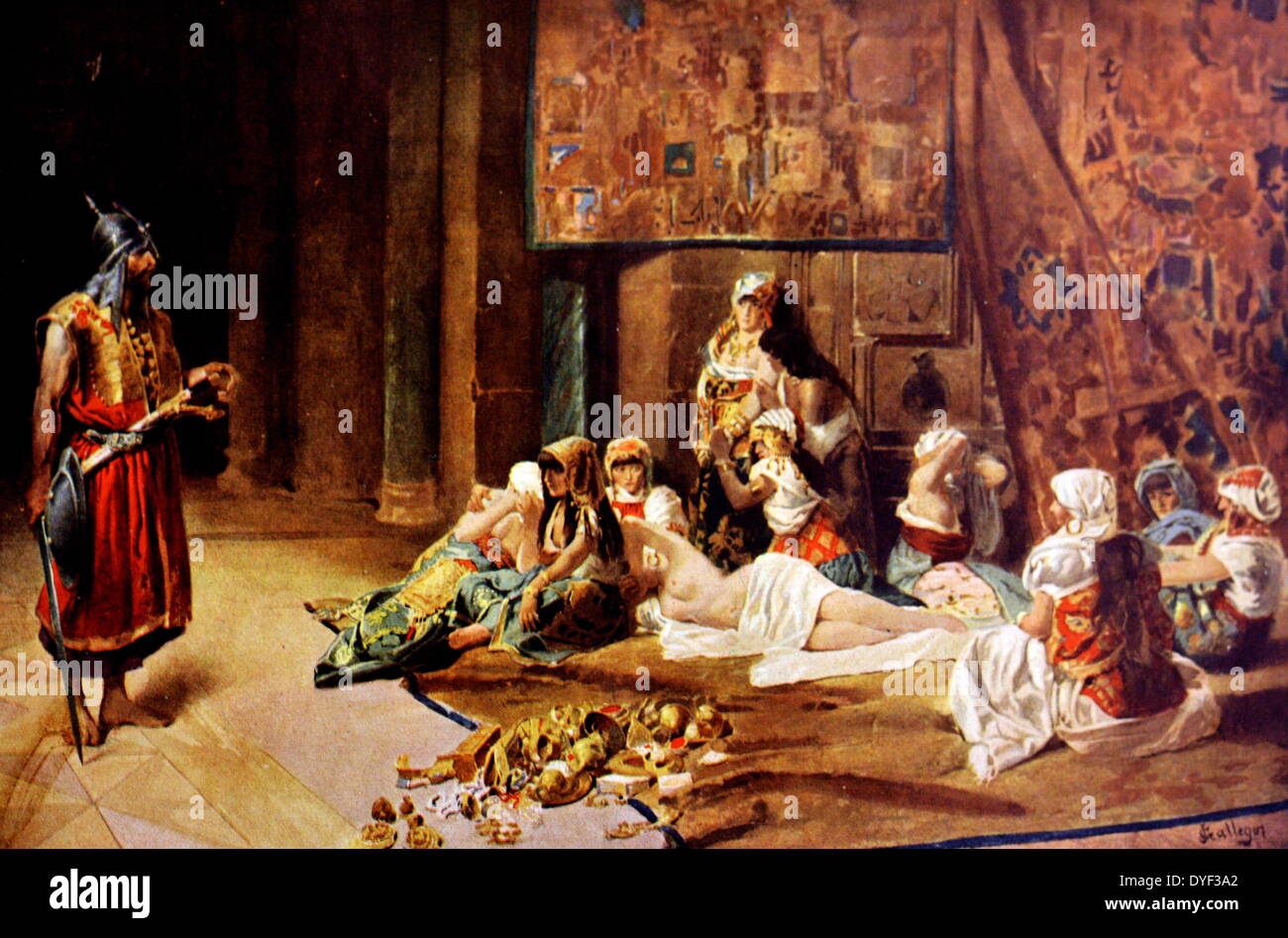 War Booty by M. Dominguez. Depicting the Arab custom that the spoils of war be distributed amongst the victorious soldiers as payment for putting their lives on the line. Not just gold and jewels, but also women were held captive and used in the Harems of Cordoba. Stock Photo