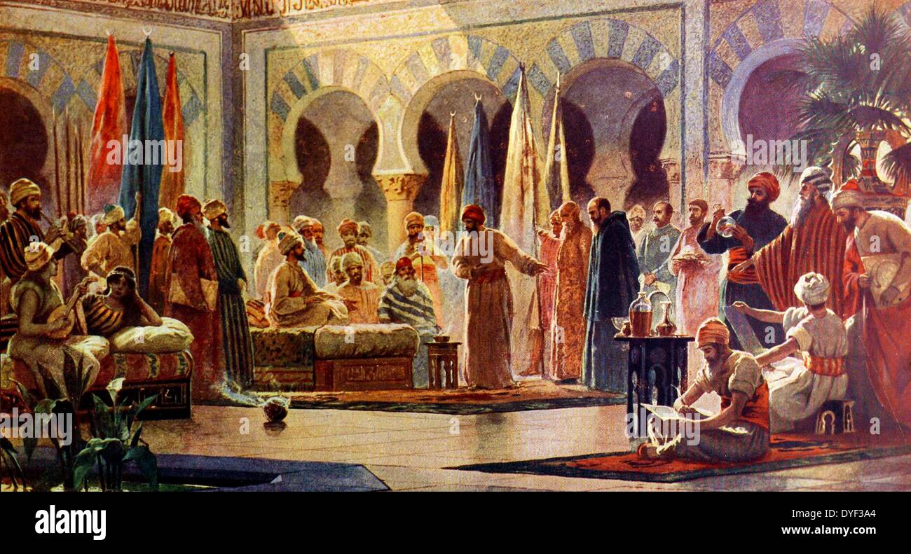 Abderrahman III receives John, Monk of Gorza by D. Baixeras, Circa 959 AD. Showing the king taking council with the ambassador of King Otto. Stock Photo