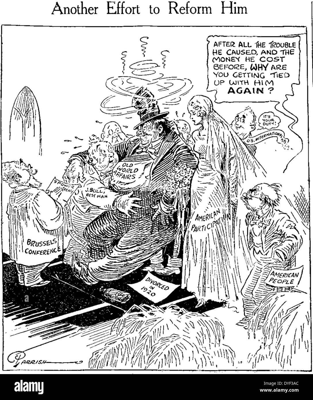 Another Effort to Reform Him 1937. Cartoon printed in the Washington Herald  regarding the  Brussels Conference and International crisis. Parrish Stock Photo