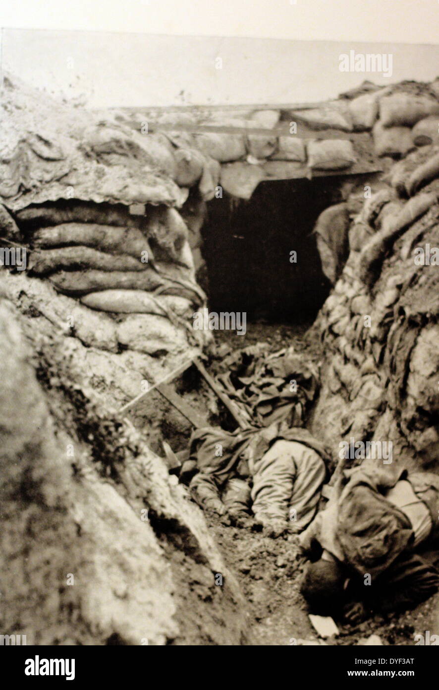 A photograph from the First World War, showing the trenches soldiers lived in during battles.  First World War, circa 1914-1918. Stock Photo