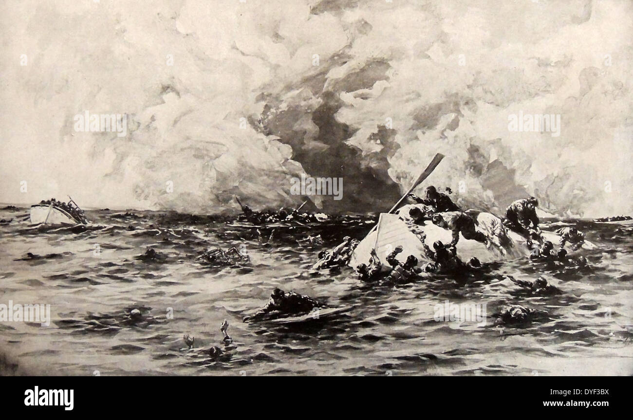The survivors of the Lusitania cling to lifeboats. RMS Lusitania was a British ocean liner, holder of the Blue Riband and briefly the world's biggest ship. She was launched by the Cunard Line in 1907, at a time of fierce competition for the North Atlantic trade. In 1915 she was torpedoed and sunk by a German U-boat, causing the deaths of 1,198 passengers and crew. 1915 Stock Photo