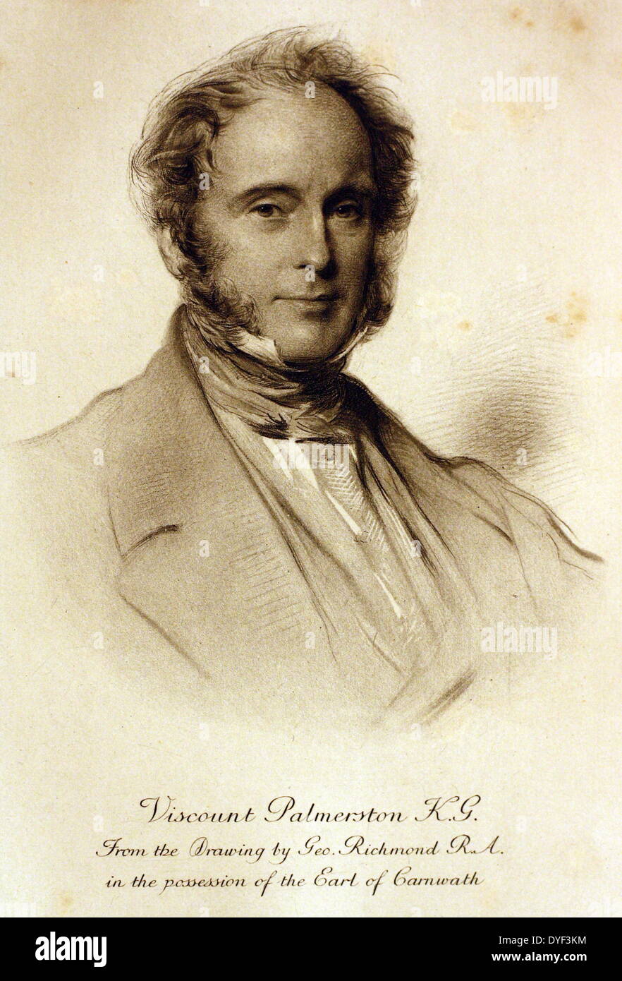 Illustration of Henry John Temple, 3rd Viscount Palmerston, Baron Temple of Mount Temple, Engraved by Emery Walker. Lived between 1784-1865. English Whig-Liberal statesman. Print created from the original painting by G. Richmond. Originally published 1907. Stock Photo