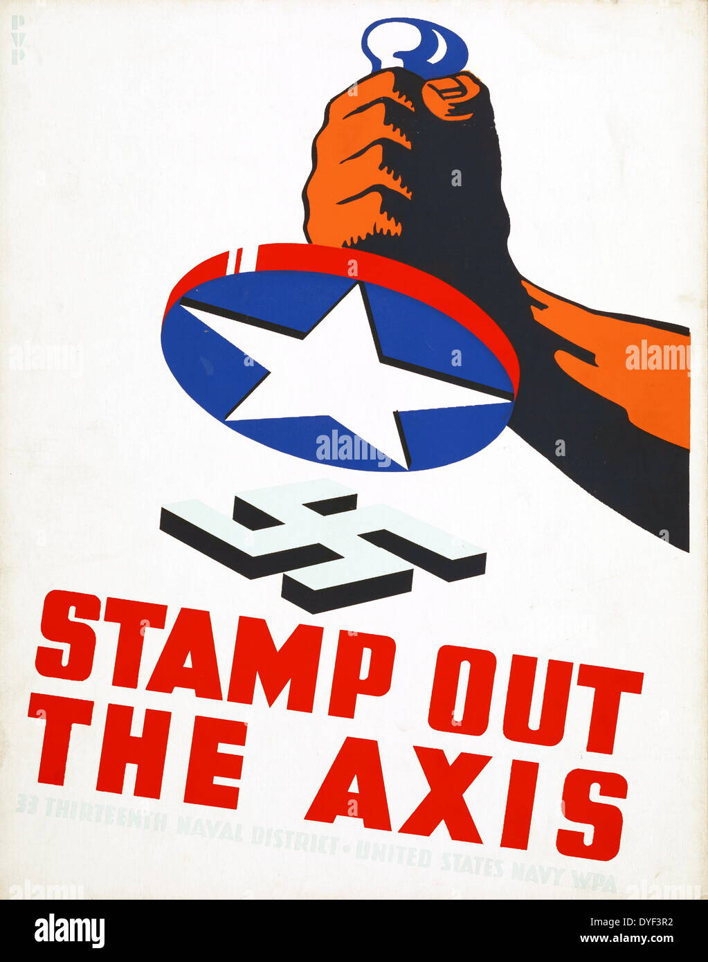 Stamp out the Axis 1941. Poster showing fist holding a stamp with an American star ready to stamp out Nazi Swastika during World War II. Stock Photo