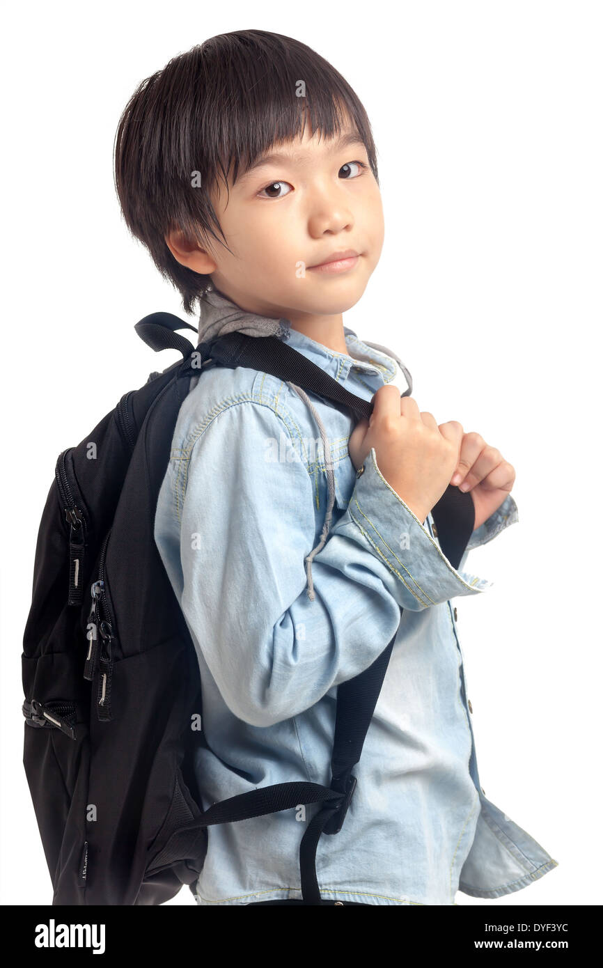 asian kid school backpack Asian boy with school backpack isolated on white background Stock Photo