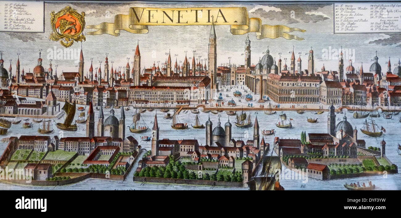 18th Century Colour Map/Illustration of Venice 1750. Stock Photo