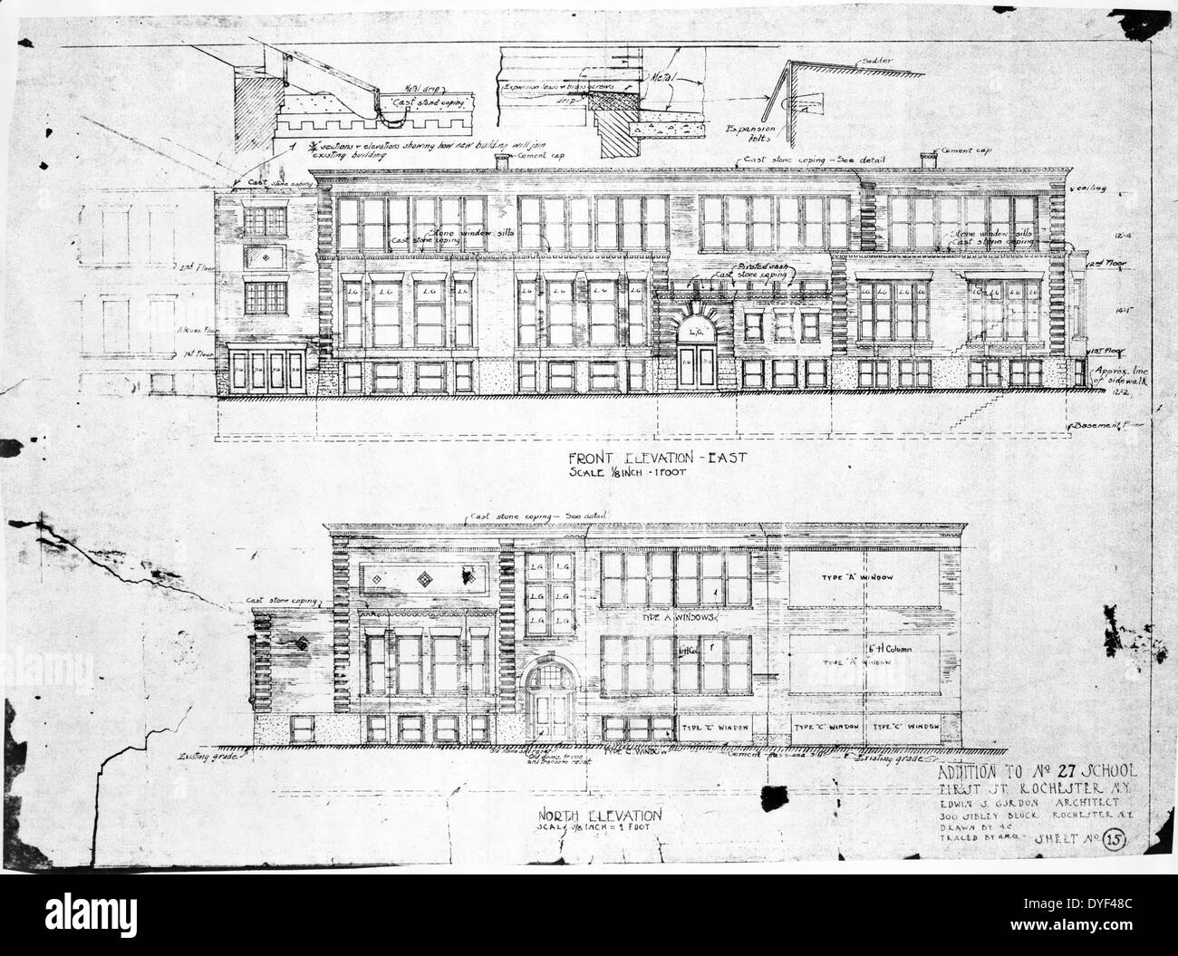 Drawing, sheet No. 15 - Susan B. Anthony School, First Street & Central Park, Rochester, Monroe County, NY. Stock Photo