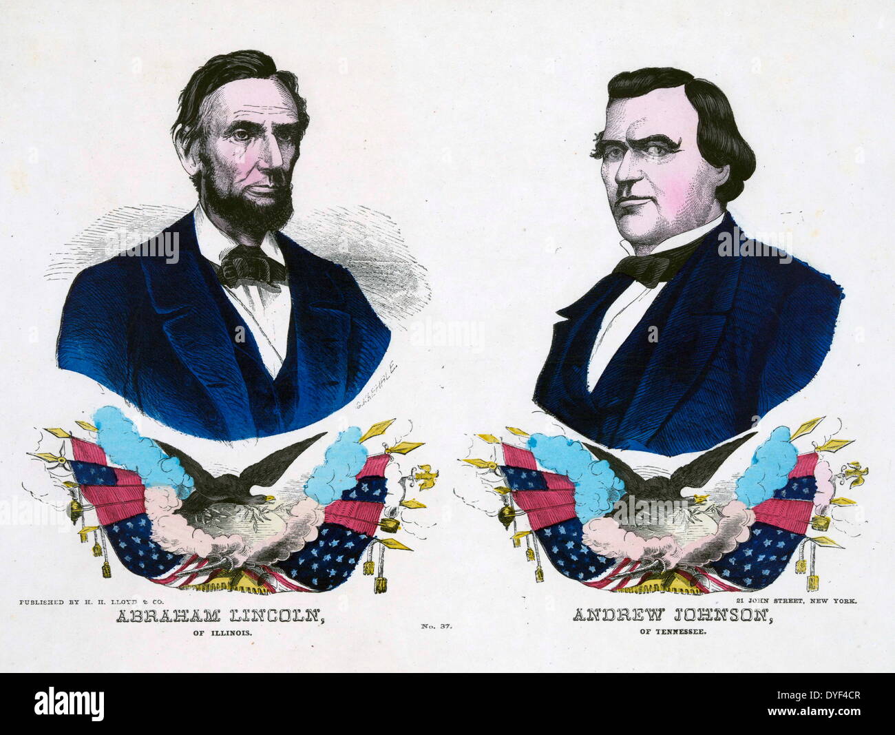 campaign banner for the Republican ticket in the 1864 presidential election. President Abraham Lincoln and Andrew Johnson. Stock Photo