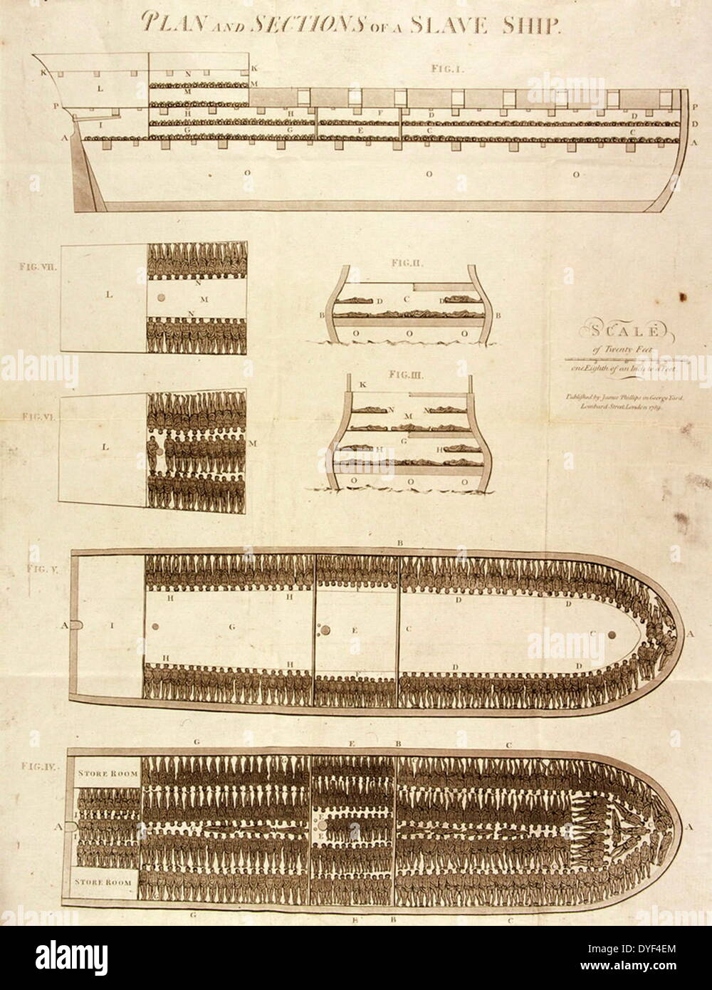 Plan and Sections of a Slave Ship. Unknown Stock Photo