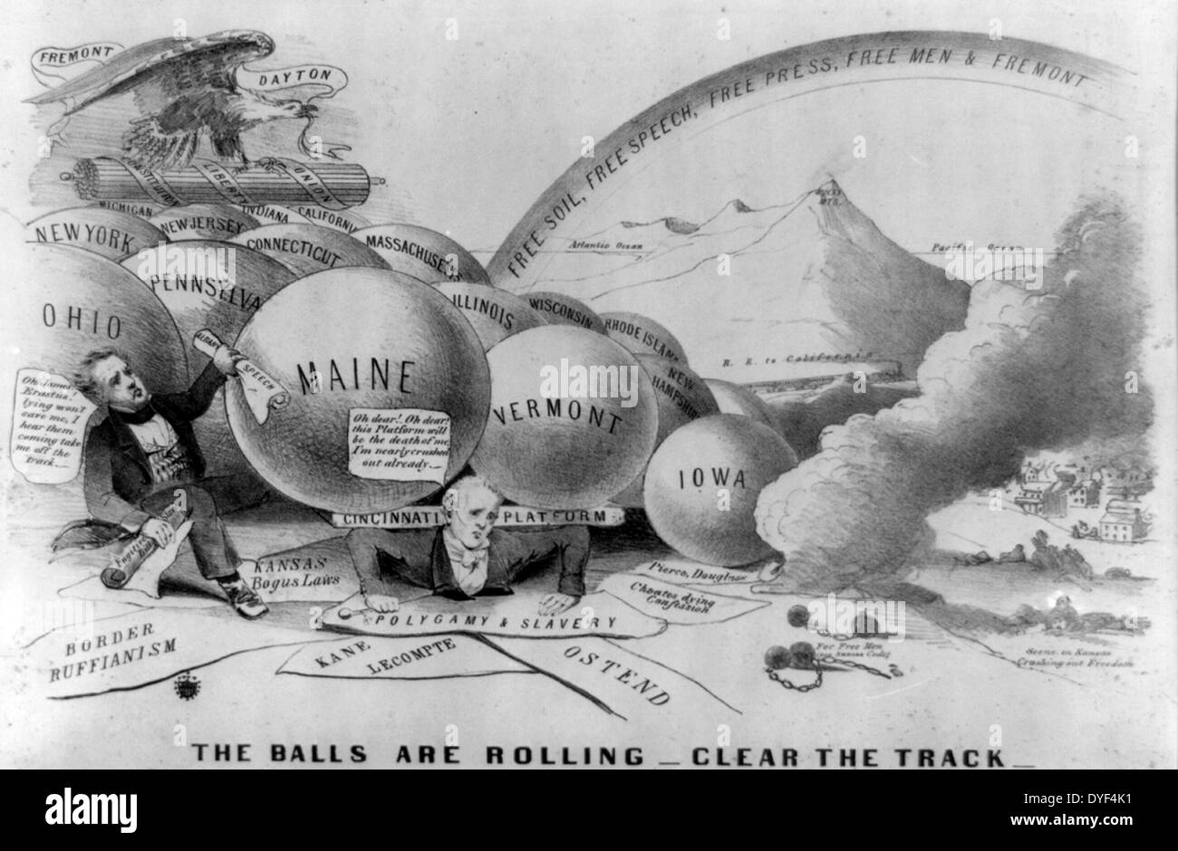 The Balls are Rolling - Clear the Track 1856 . A Republican boast, showing Millard Fillmore (left) and James Buchanan crushed by an electoral flood of giant balls inscribed with the names of Northern and Western States. Nathaniel Currier Stock Photo